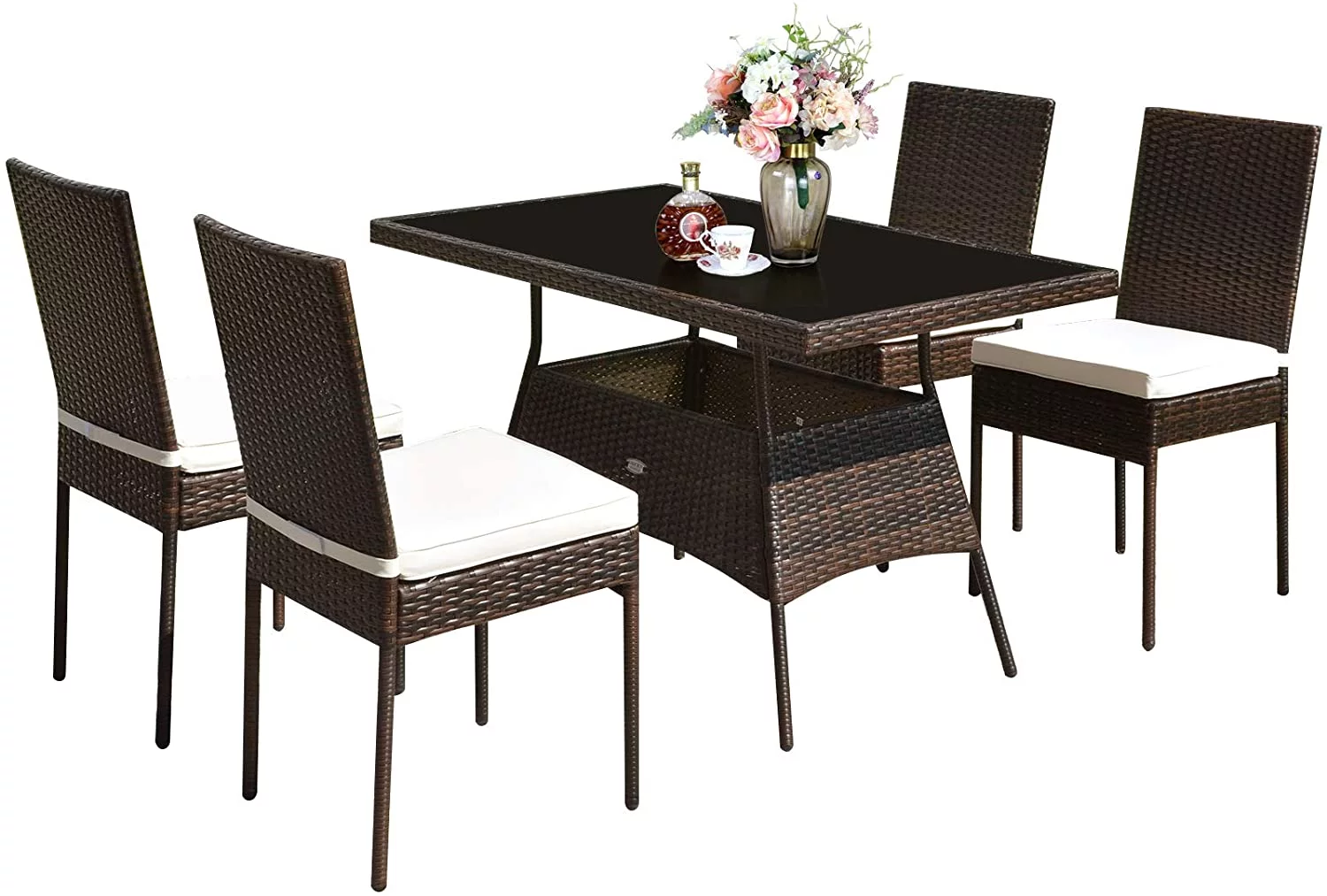 5 Piece Patio Wicker Dining Set, Outdoor Rattan Table and Chairs with w/Tempered Glass Table Top & Padded Cushions, Wicker Patio Conversation Furniture Set for Balcony Patio Garden Poolside