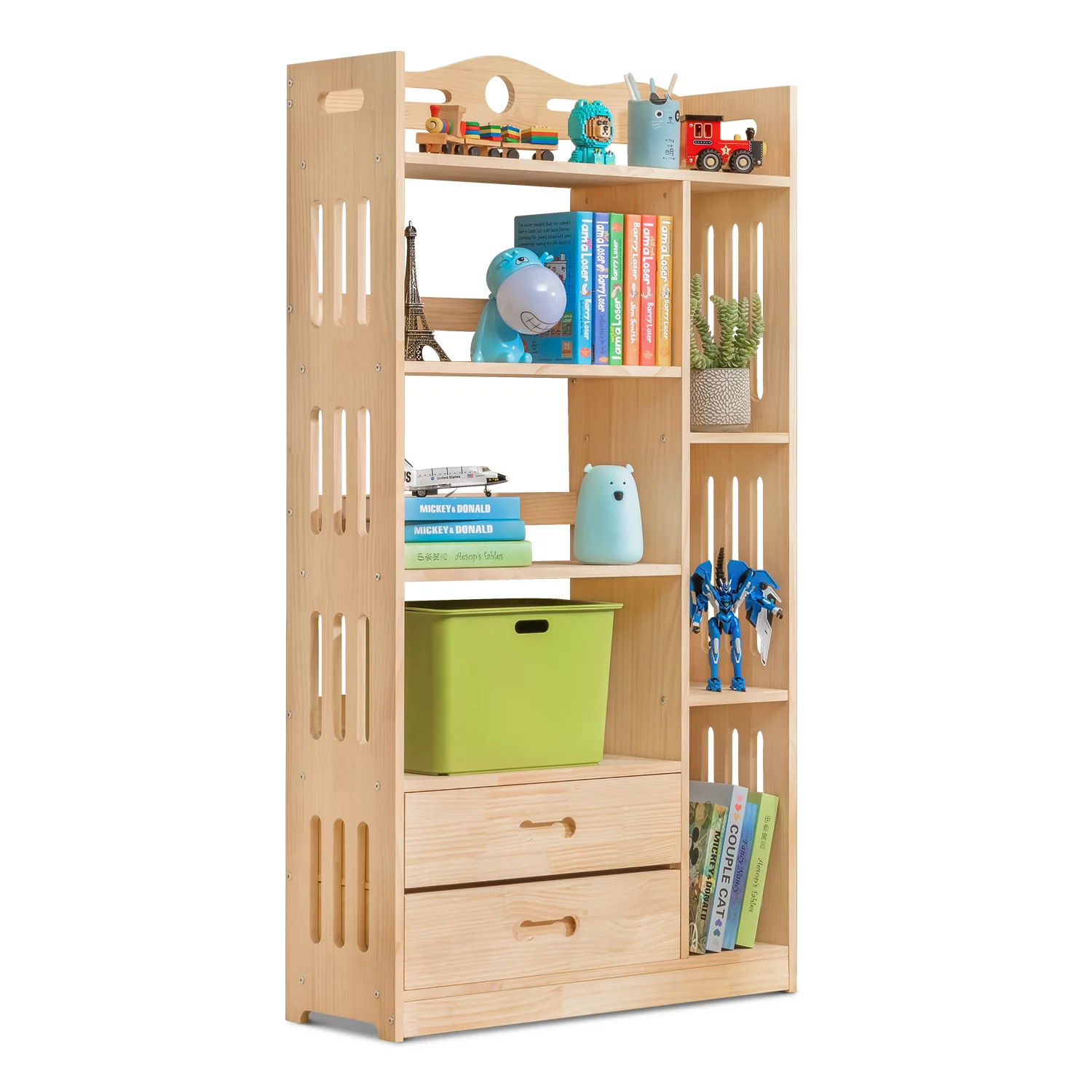 MoNiBloom Wood 5 Tiers 2 Drawers Bookcase, Display Storage Bookshelf, Natural, for Living Room