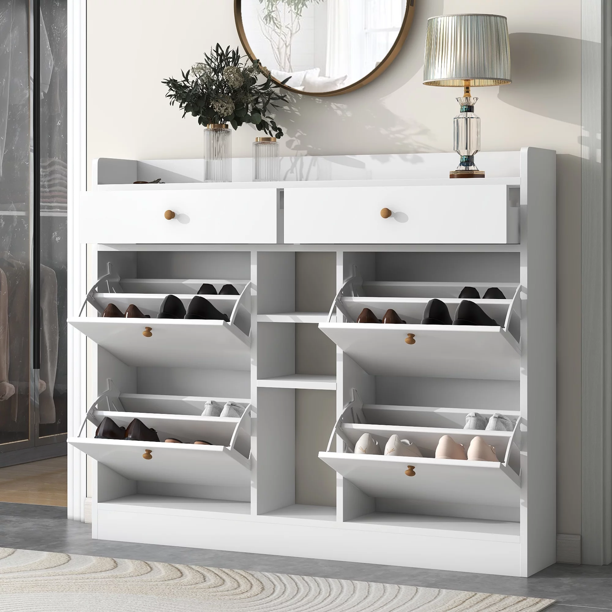 CoSoTower Modern Shoe Cabinet with 4 Flip Drawers, Multifunctional 2-Tier Shoe Storage Organizer with Drawers, Free Standing Shoe Rack for Entrance Hallway, White.