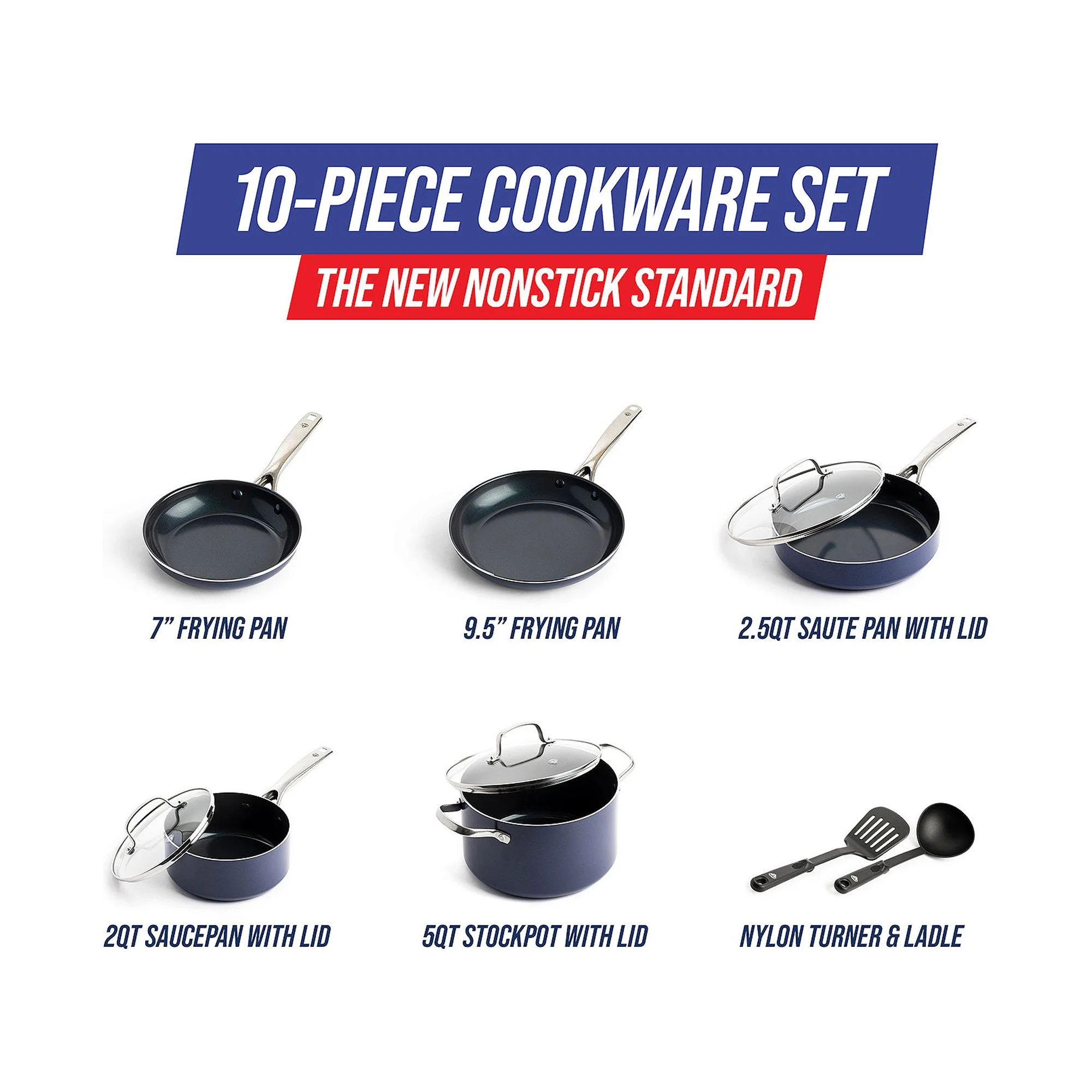 Refurbished Blue Diamond Ceramic Non-Stick Cookware Set, 10pc, Blue