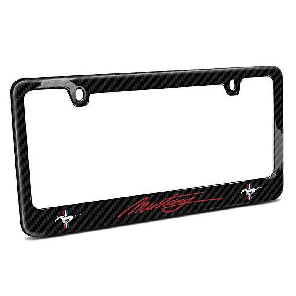 Ford Mustang Script in Red Dual Logo Black Real 3K Carbon Fiber Glossy Finish License Plate Frame