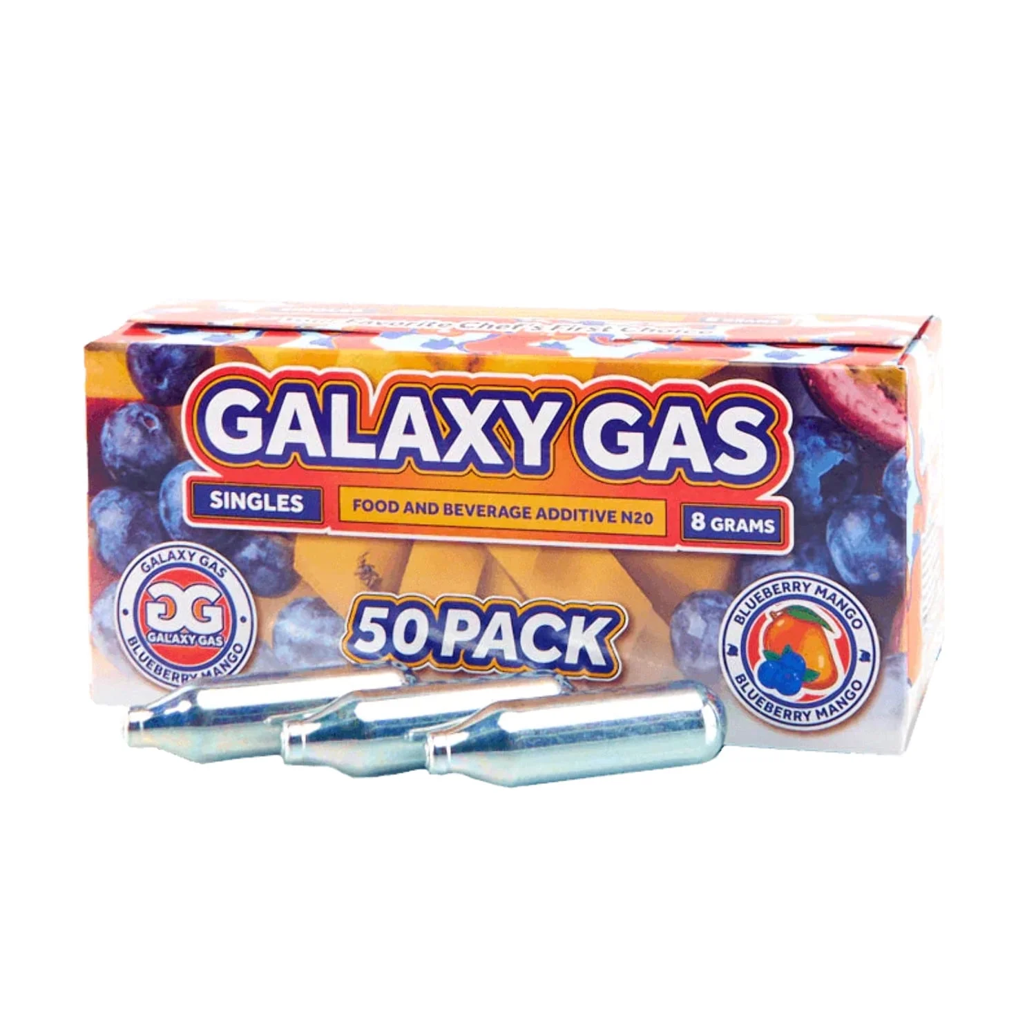 Galaxy Gas Blueberry Mango Flavor Whipped Cream Chargers, Nitrous Oxide 8 Gram Whip Cream Charger, Whipped Cream Charger Set, N2O Charger Set, 50 Counts, 1 Pack