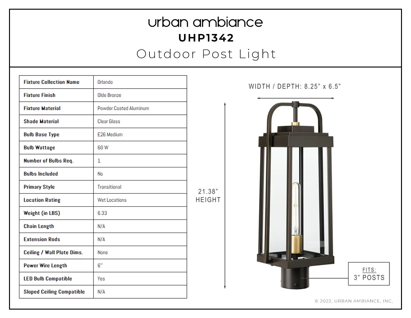 Luxury Transitional Post Light, 21.375H x 8.25W, with Modern Style, Olde Bronze, UHP1342 by Urban Ambiance