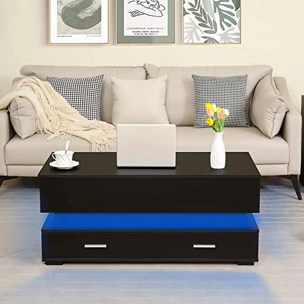 TQNJYGX LED Coffee Table  Smart Coffee Table with Charging Station  Lift Top  21 Colors Change  2 Tiers Modern Tea Table with   Living Room   Rectangle Design  White