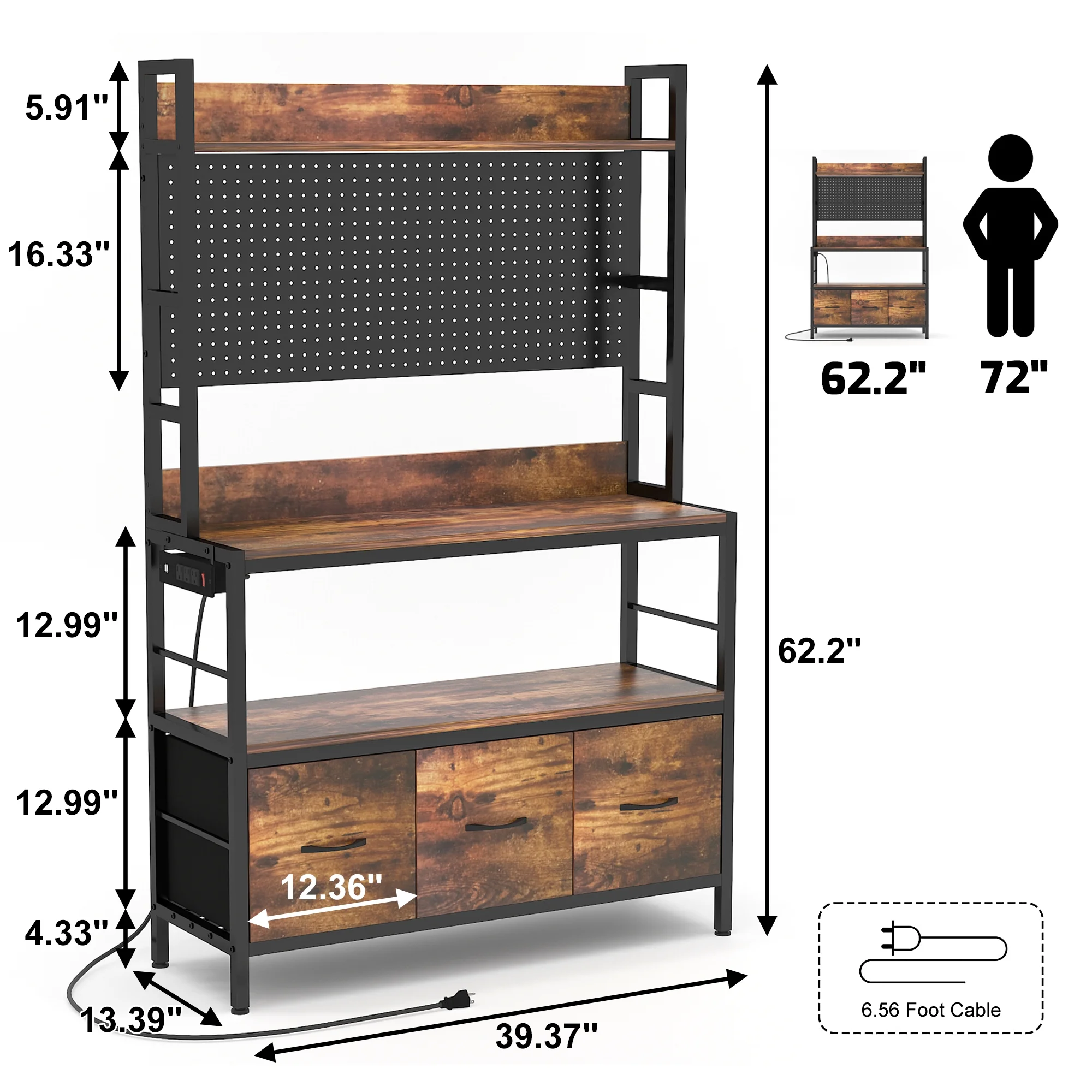 NAIYUFA Bakers Rack with Power Outlet 5-Tier Kitchen Wood Large Microwave Oven Stand with Pegboard,3 Fabric Drawers,Hooks,Brown