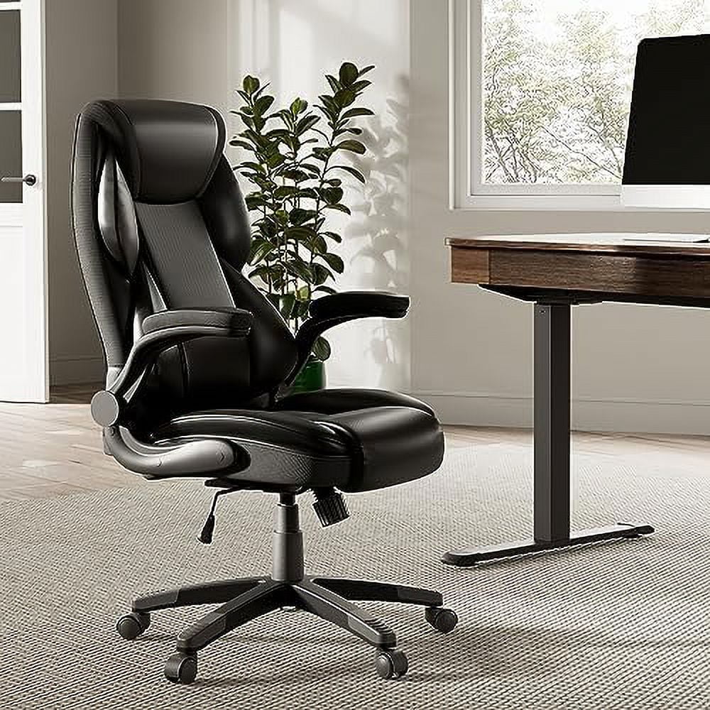 GEROBOOM ERGONOMIC Executive Office Chair Flip Up Arm   Leather Desk Chair Ergonomic Computer Chair  High Back Office Chair with Headrest  Home Office Desk Chairs with Wheels  Black