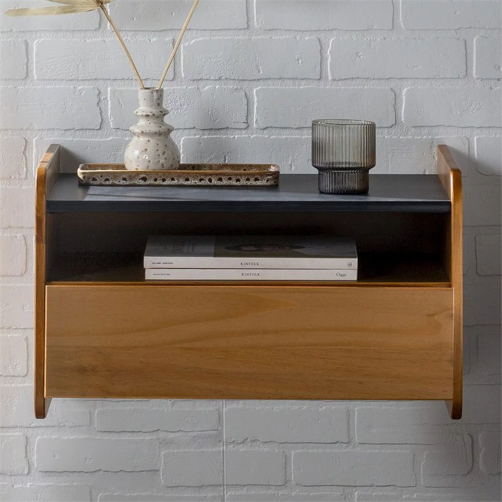 Carter Solid Wood Floating Bedroom Nightstand with Drawer in Caramel