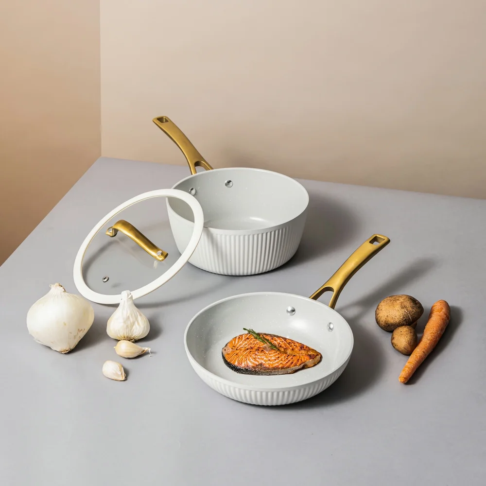 Thyme & Table 12-Piece Ceramic Non-Stick Ribbed Cookware Set, White & Gold