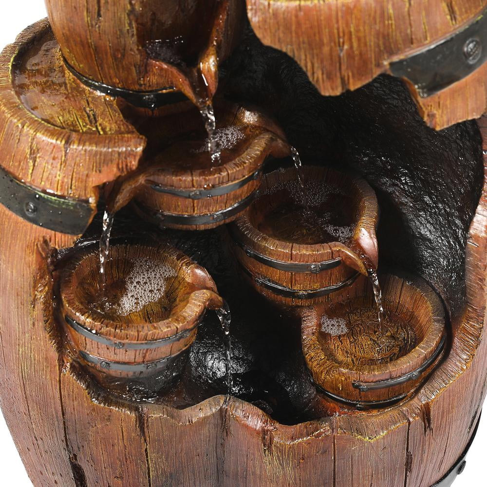 LuxenHome Polyresin Water Pump and Large Whiskey-Barrel Patio Fountain