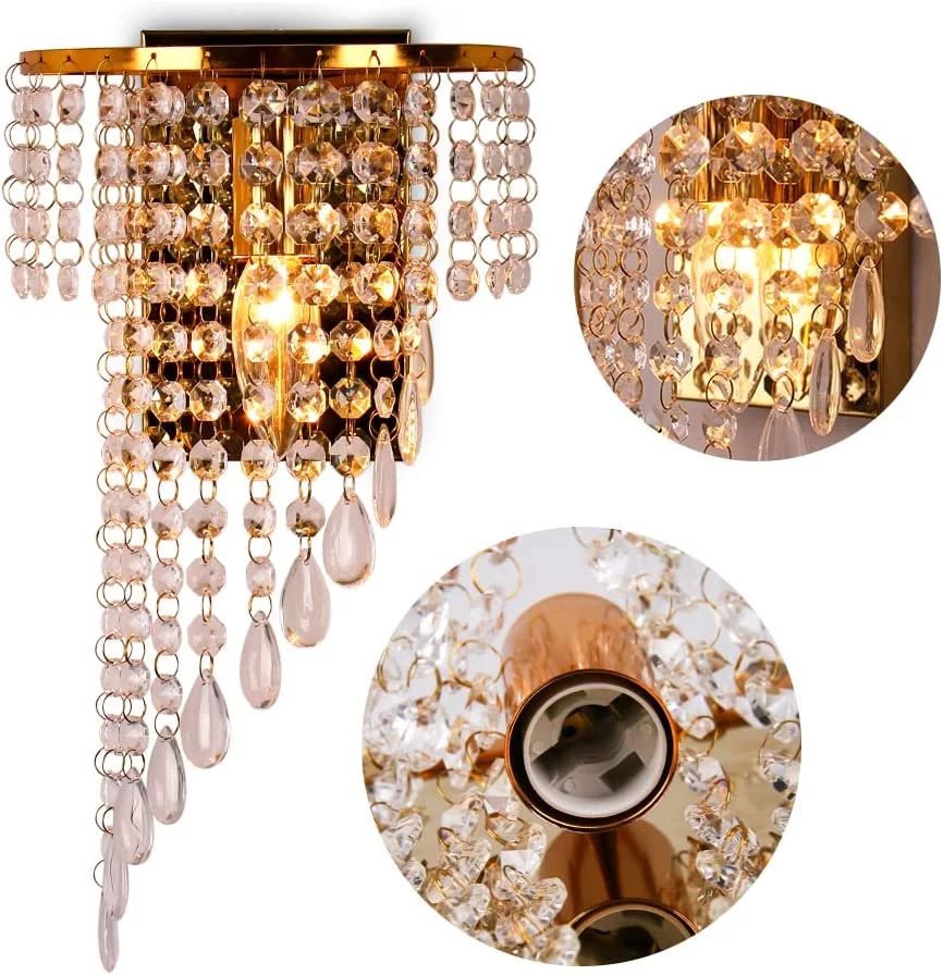 FRIXCHUR Modern Crystal Raindrop Wall Lights 2 Pack Led Wall Light Sconce Fixture Crystal(Gold)