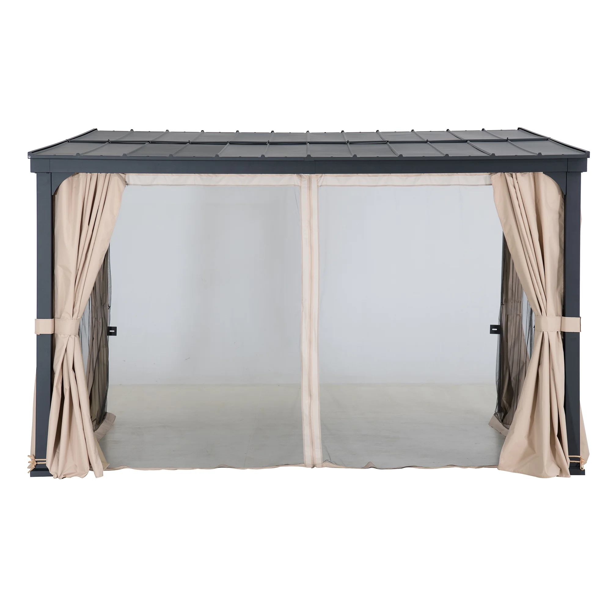 Sunjoy 12’ x 14’ Wall Mounted Gazebo with Powder Coated Steel Roof, Black Aluminum & Metal Frame Lean to Gazebo with Curtains and Netting