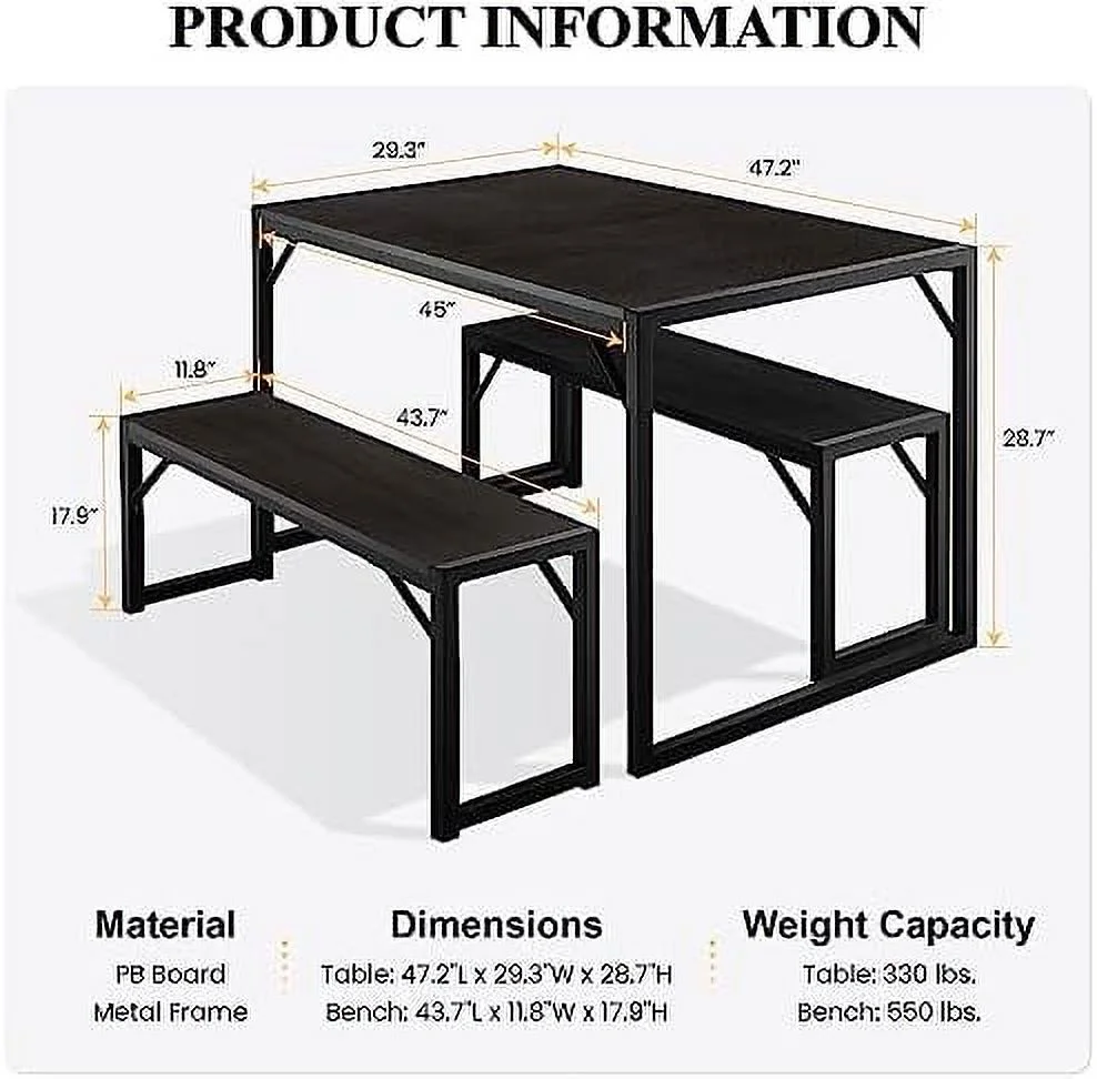 TJUNBOLIFE Dining Table Set with Two   Rustic Kitchen Table Set for 4 People  Space-Saving Dinette  Heavy Duty Sturdy Structure  Easy Assemble  Black/Black