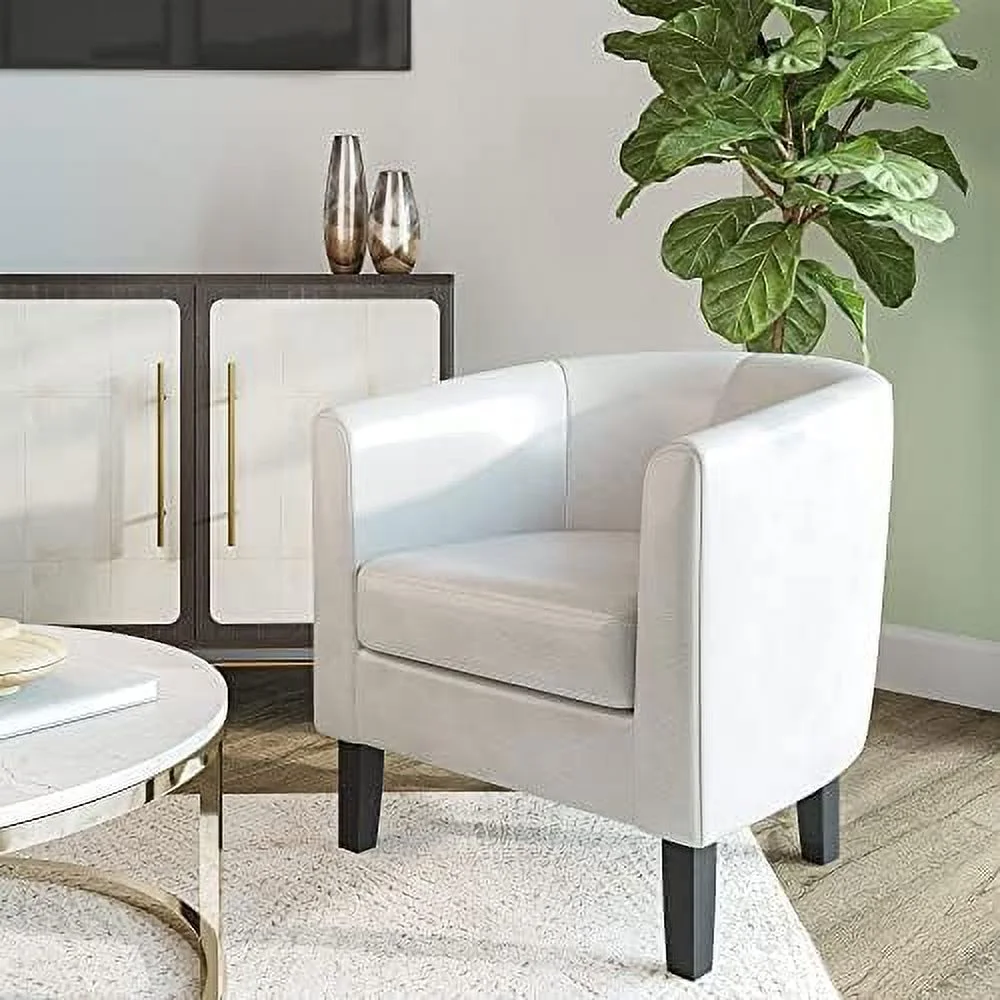 FDXCKJP Living Room Chair  Faux Leather Accent Chair Barrel Round Club Tub Sofa Chair for Bedroom  Corner Chair with Flared Legs and Plush Cushion - Highland (White)