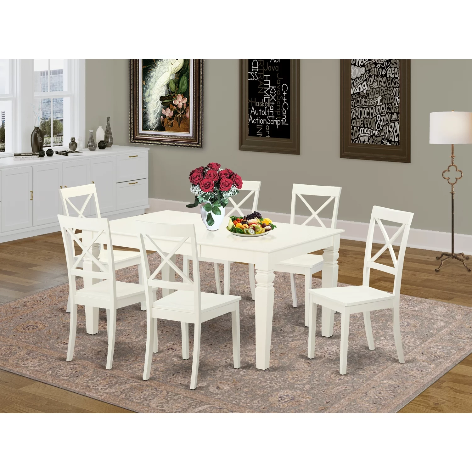 East West Furniture Weston 7-piece Dining Set with Wood Chairs in Linen White