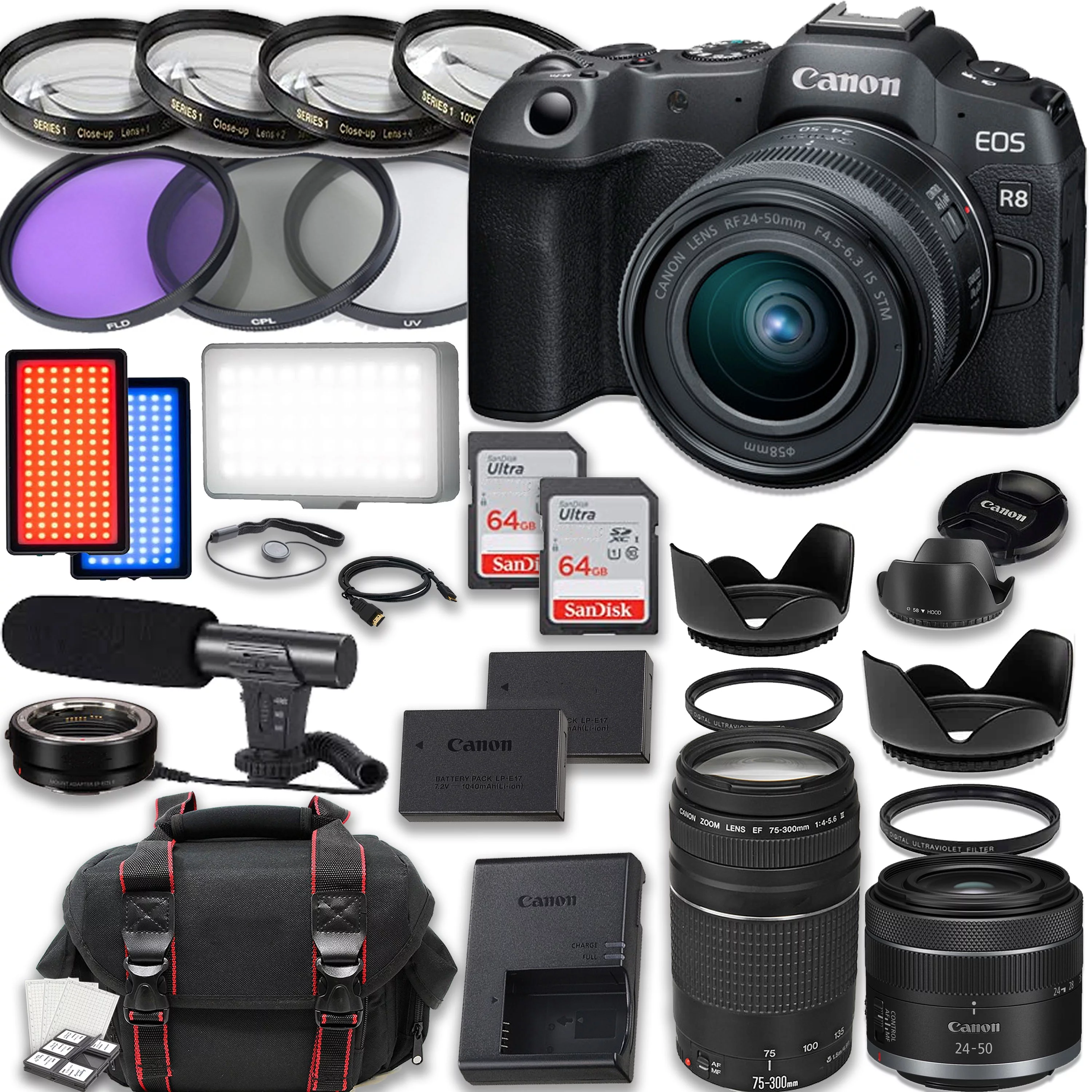 Canon EOS R8 Mirrorless Camera with Canon RF 24-50mm f/4.5-6.3 IS STM Lens + 75-300mm III Lens + Accessories included: 2X 64GB Memory Cards, LED Video Light, Microphone, Extra Battery, Case & More