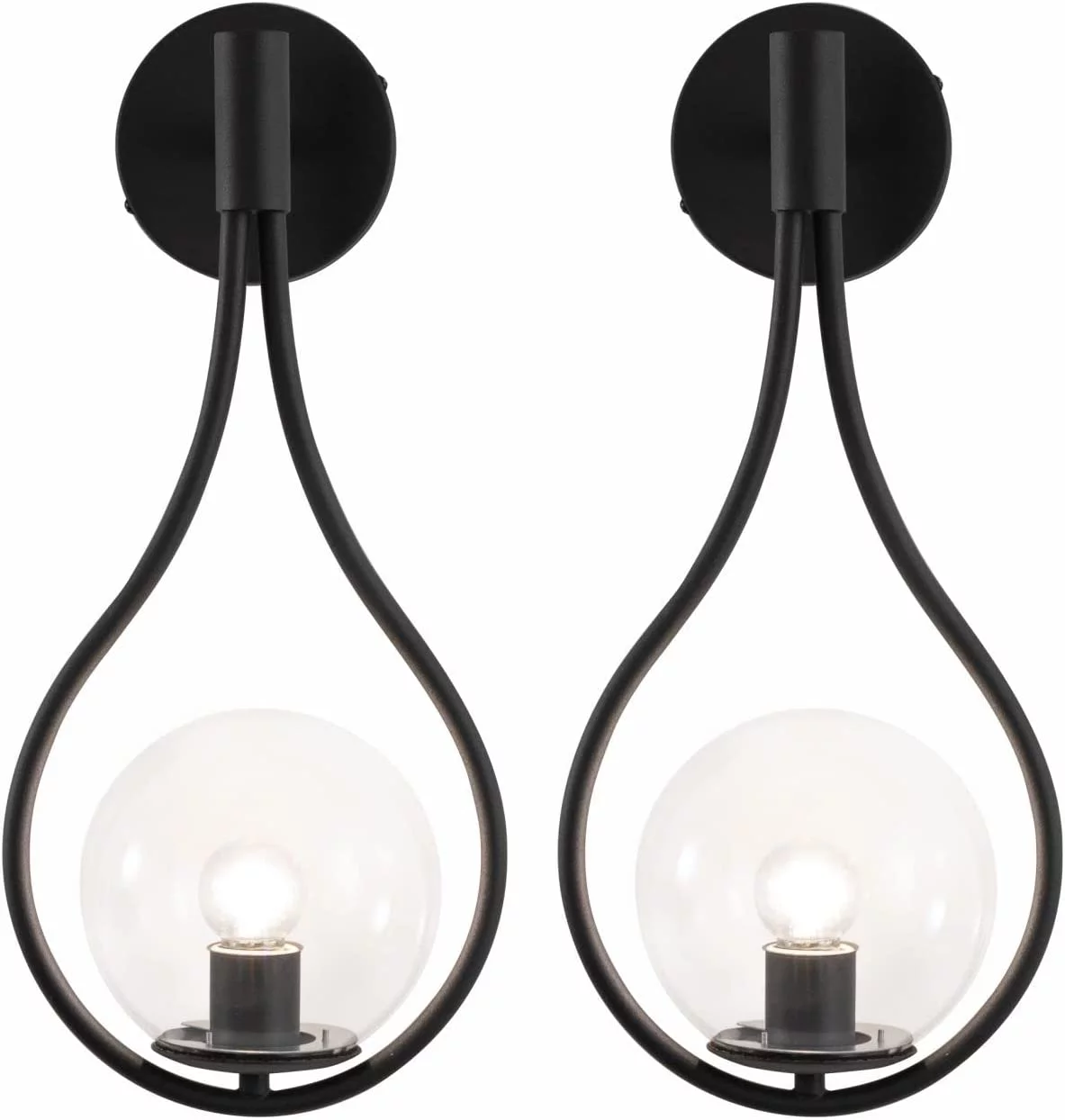 GOURE Modern Matte Black Clear Glass Globe Wall Sconce Set of 2 Industrial Vintage Wall Lamp Hand Blown Shade Mid-Century Bedside Round Wall Light Decoration Christmas Restaurant Living Room…