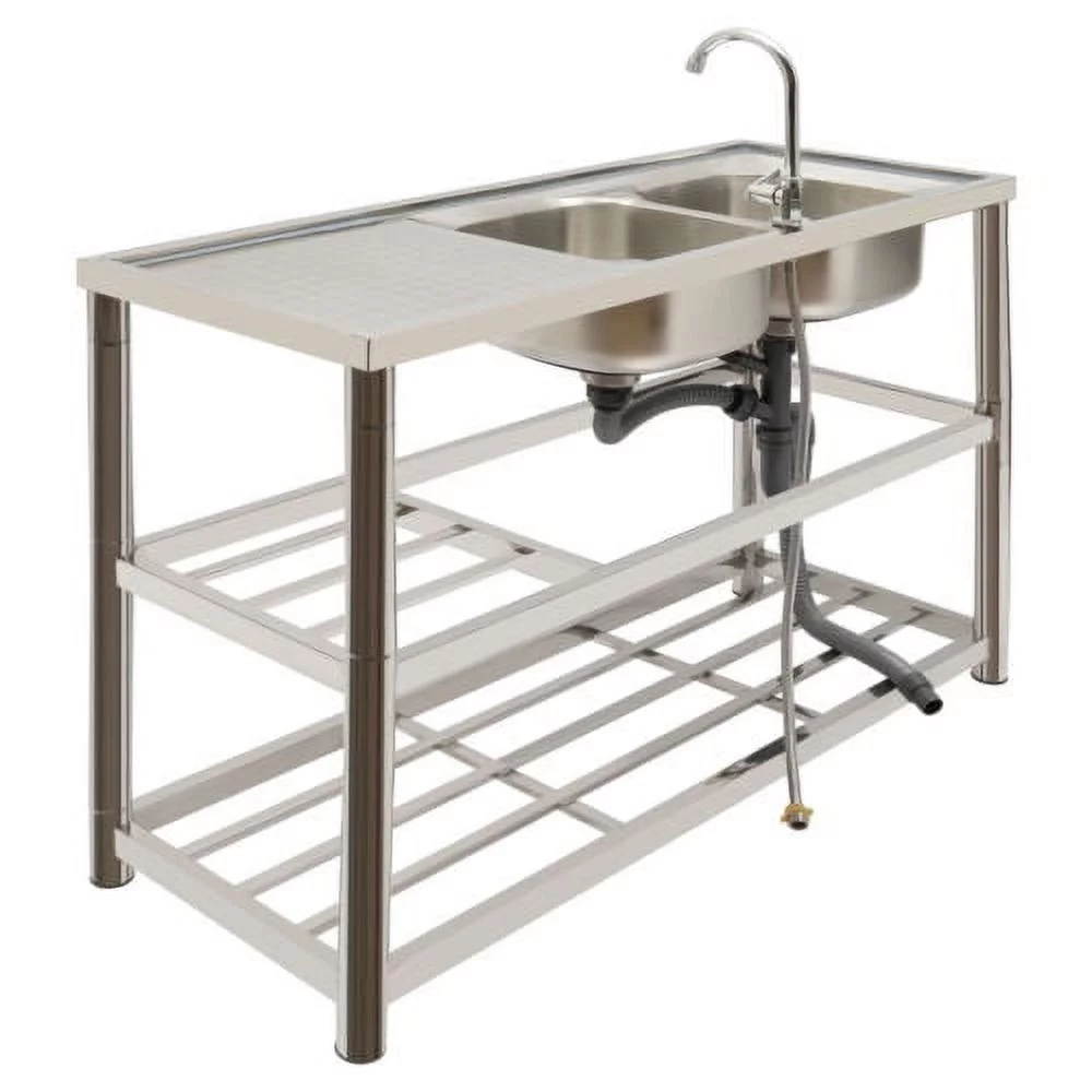 Stainless Steel Commercial Sink Utility Sink 2 Compartment Kitchen w/Prep Table