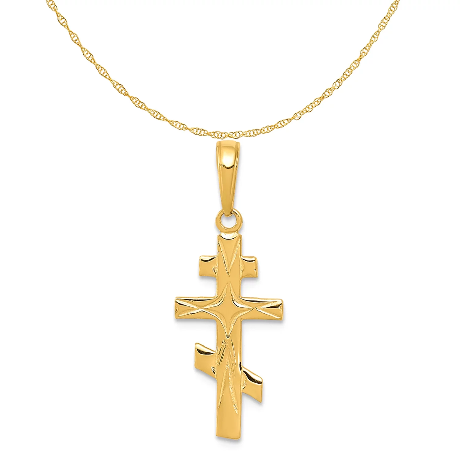 Carat in Karats 14K Yellow Gold Eastern Orthodox Cross Pendant Charm (27mm x 11mm) With 14K Yellow Gold Lightweight Rope Chain Necklace 20''