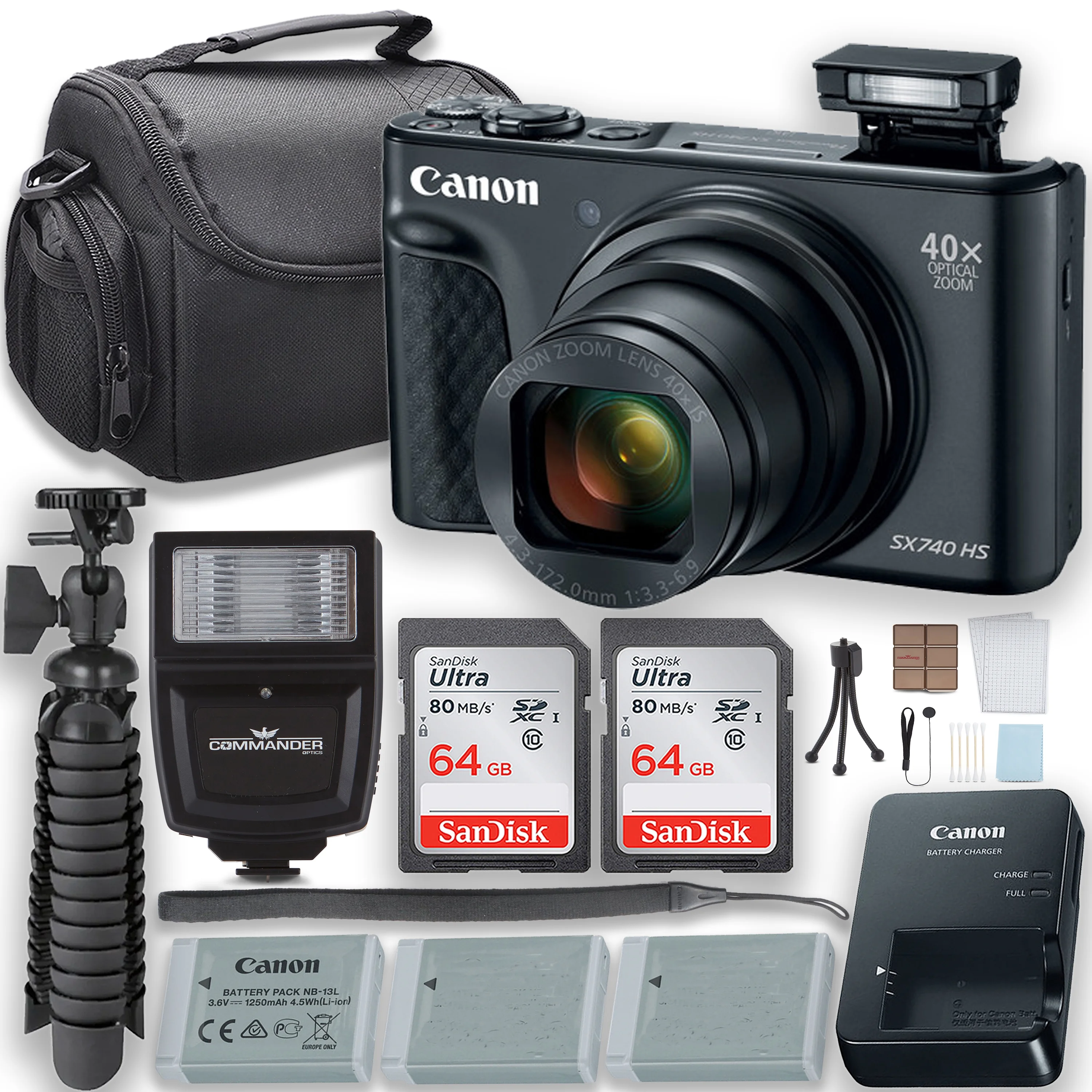 Canon PowerShot SX740 HS Digital Camera With Flash + 2 Extra Batteries + Two 64GB Memory Cards + Tripod + Case & More