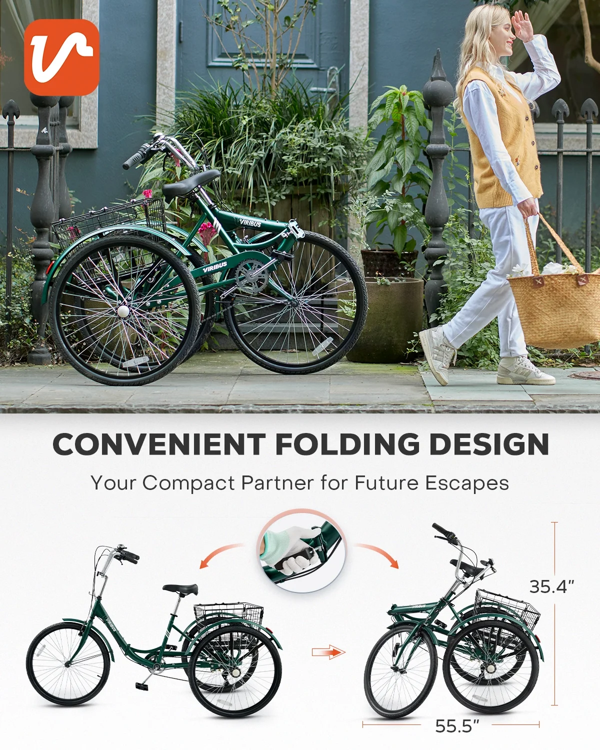 26 Inch Folding Adult Tricycle 7 Speed Trike with Removable Basket Green