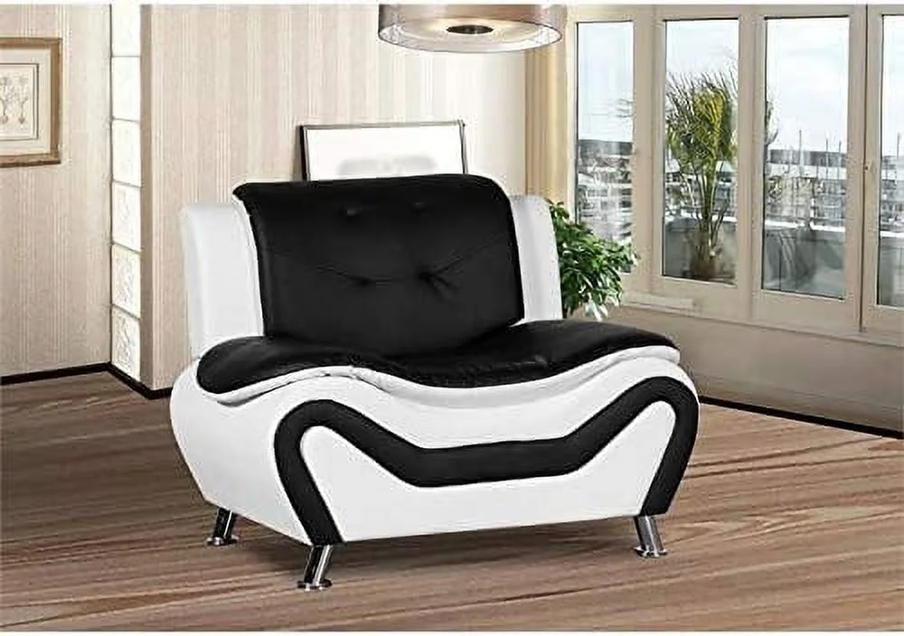 Faux Leather Arm Chair Lounge Club Chair For Living Room, Solid Wood Frame, Black White