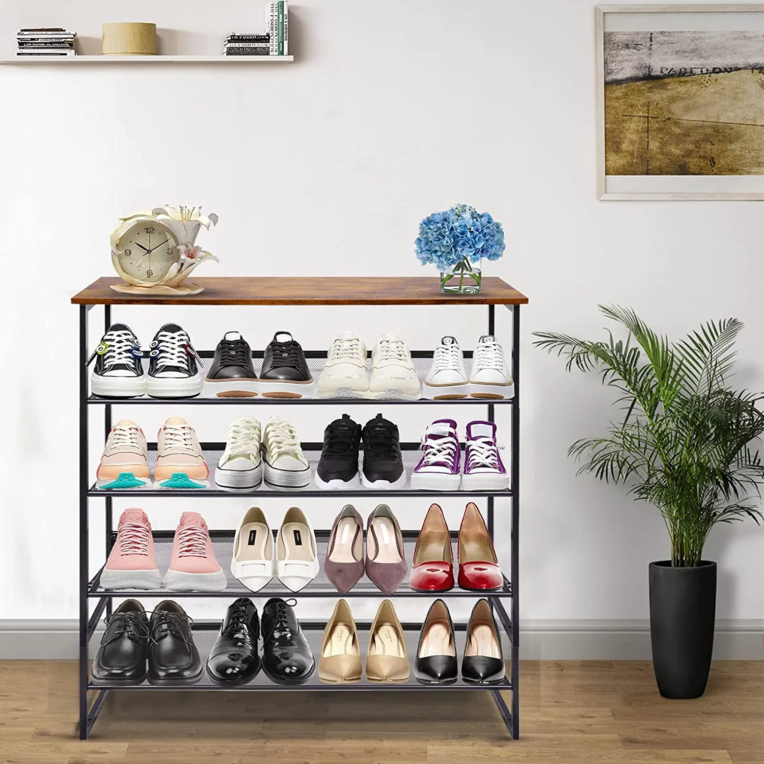 aboxoo 5-Tiers Shoe Storage Metal Freestanding Organizer Metal Modern Tilting Adjustable Shoe Rack, Stable, Durable For High Heels, Entryways, Hallways, Closets, Dormitory Rooms, Industrial, Brown