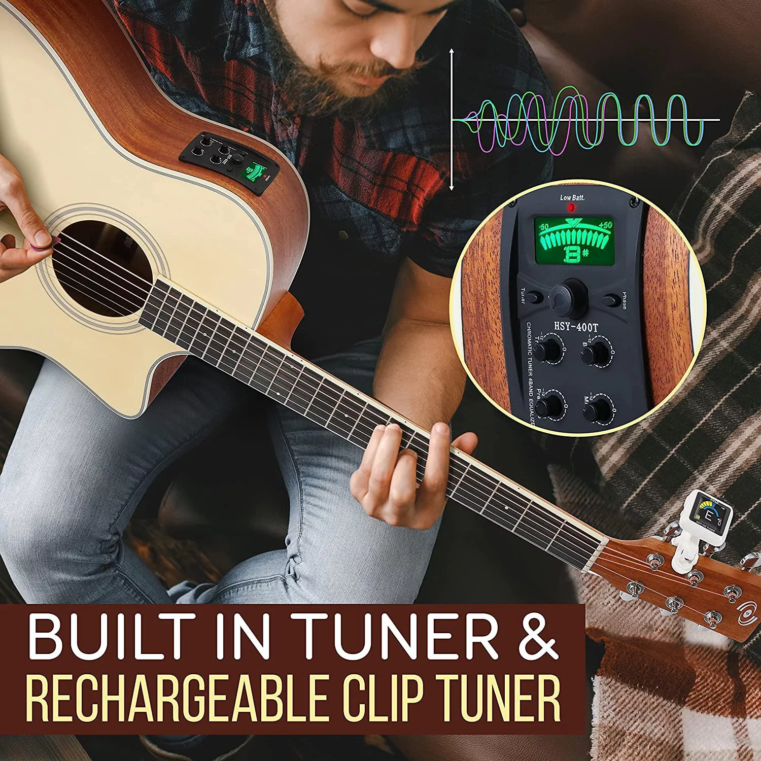 Pyle Premium Electric Acoustic Guitar w/Spruce Top and Mahogany Sides - Full Size Standard Dreadnought Cutaway Natural Matte Finish w/Full Starter Kit Gig Bag, 4-Band EQ, Rechargeable Clip Tuner