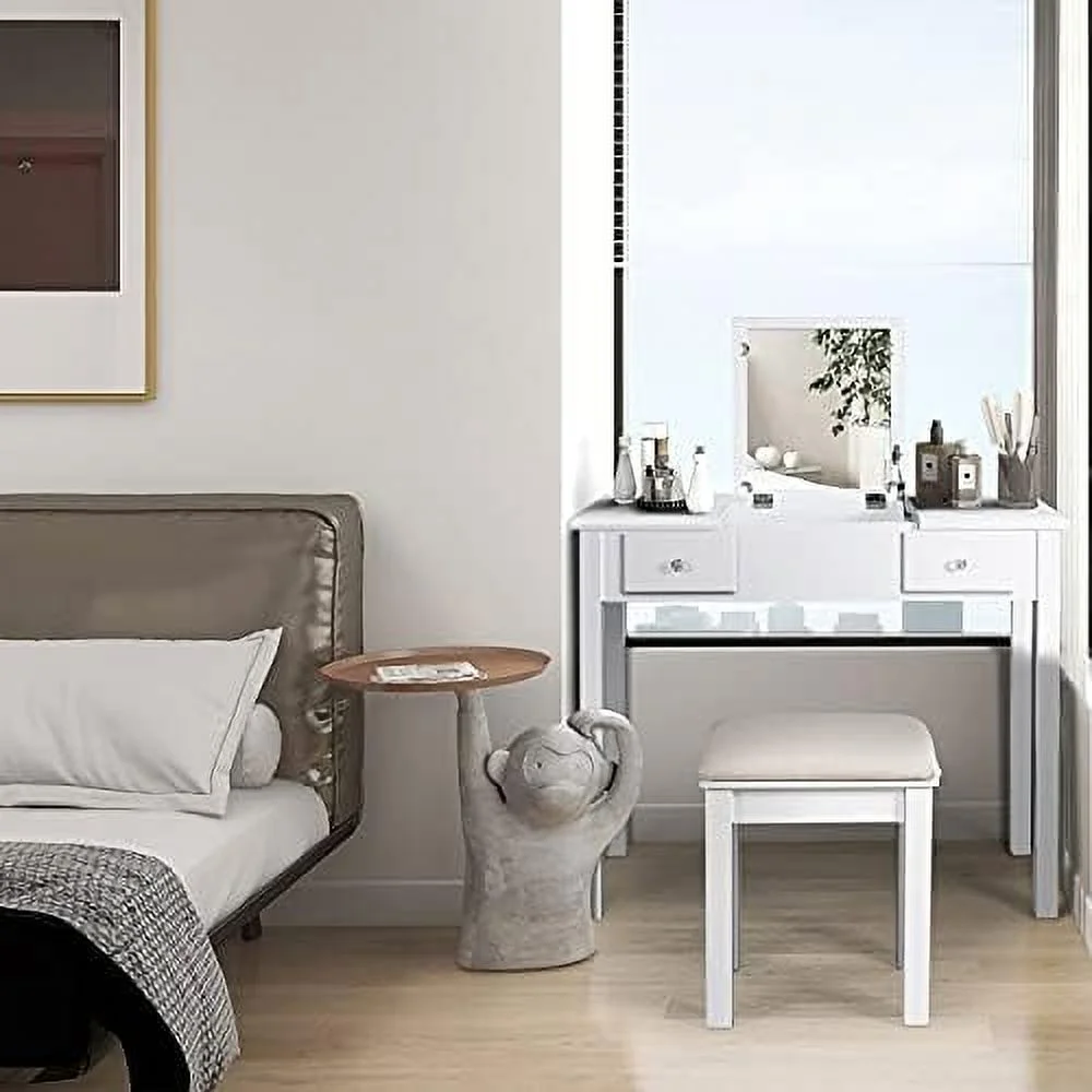 FDSHOIYN Vanity Table with Flip Top Mirror  Dressing Table Writing Desk with Cushioning  Stool Set  2 Drawers 3 Removable Organizers Easy Assembly (White)