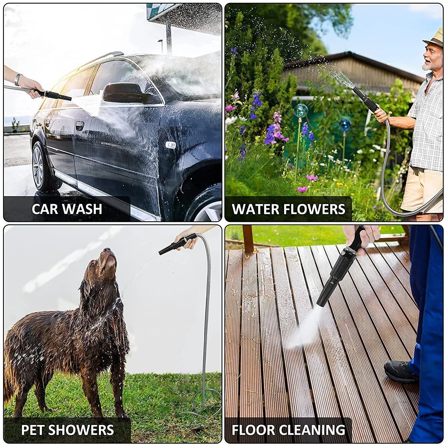 50FT 304 Stainless Steel Metal Garden Water Hose Flexible Patio Home with 6 Spray Nozzle Patterns