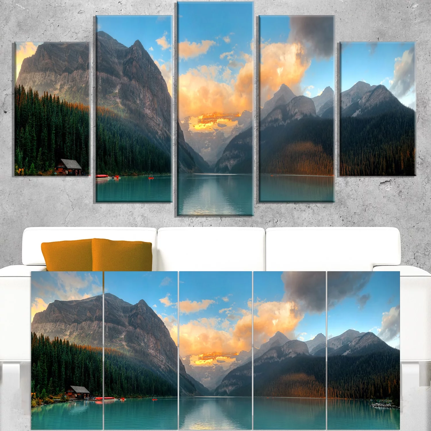 DESIGN ART Lake Louise Sunrise Banff Park - Modern Seascape Canvas Artwork Print - Multi-color 60 in. wide x 32 in. high - 5 Panels Diamond Shape