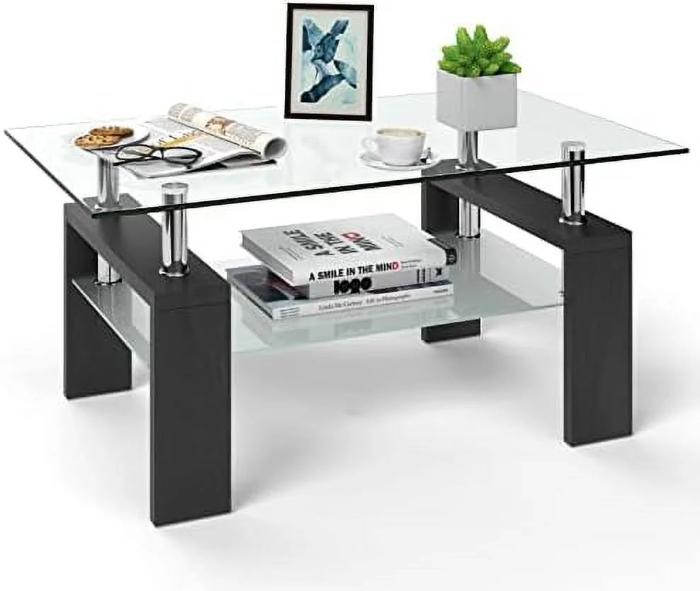 JDZHAPPYLIFE Rectangle Glass Coffee Table  2-Tier Tea Table w/Tempered Glass Tabletop & Stainless Steel Tube  Modern Center  w/Wooden Legs & Lower   Glass End Table for Living Roo