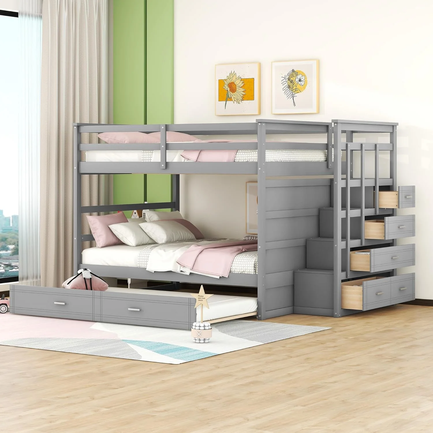 Full Over Full Bunk Bed With Size Trundle And Stairs, Kids Bunk Beds With Storage Drawers, Wood Full Bunk Beds With Trundle And Guardrail For Kids Teens Adults, Gray