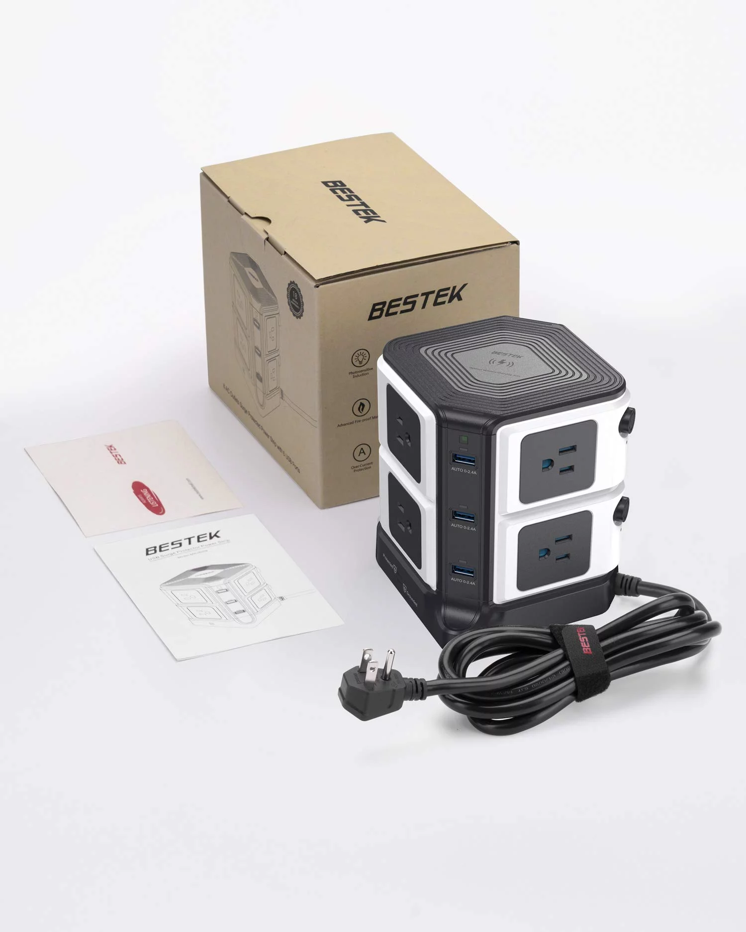 BESTEK Power Strips Tower,8 Outlets Surge Protector with 6 USB Port and 10W Wireless Charger,6ft Extension Cord, 1500 J,Black