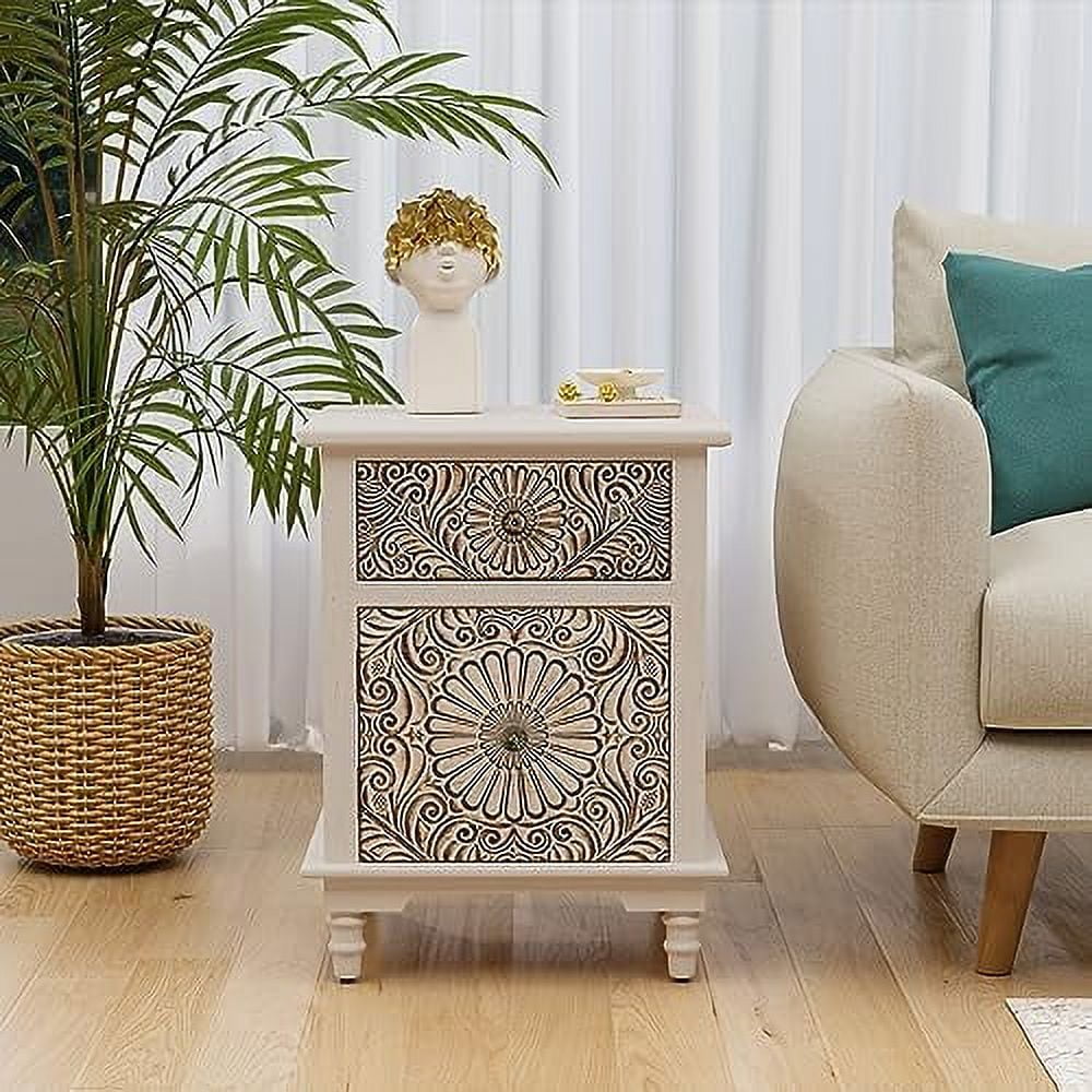 FDXCKJP Vintage End Table  Round Nightstand with Drawers  20 Inch MDF  Cabinet  3 Drawer Chest  Carving Wooden Bedside Table for Bedroom Living Room