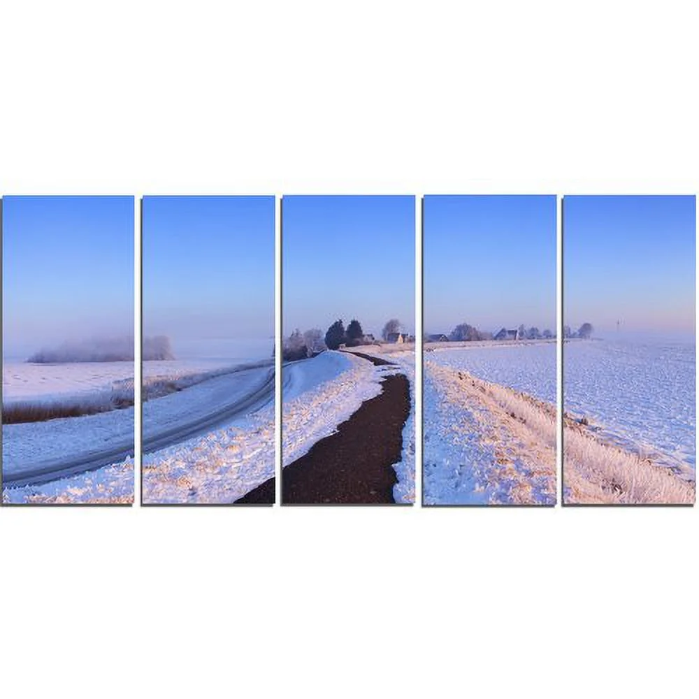 Lake and Dike at Sunrise Panorama 5 Piece Photographic Print on Wrapped Canvas Set