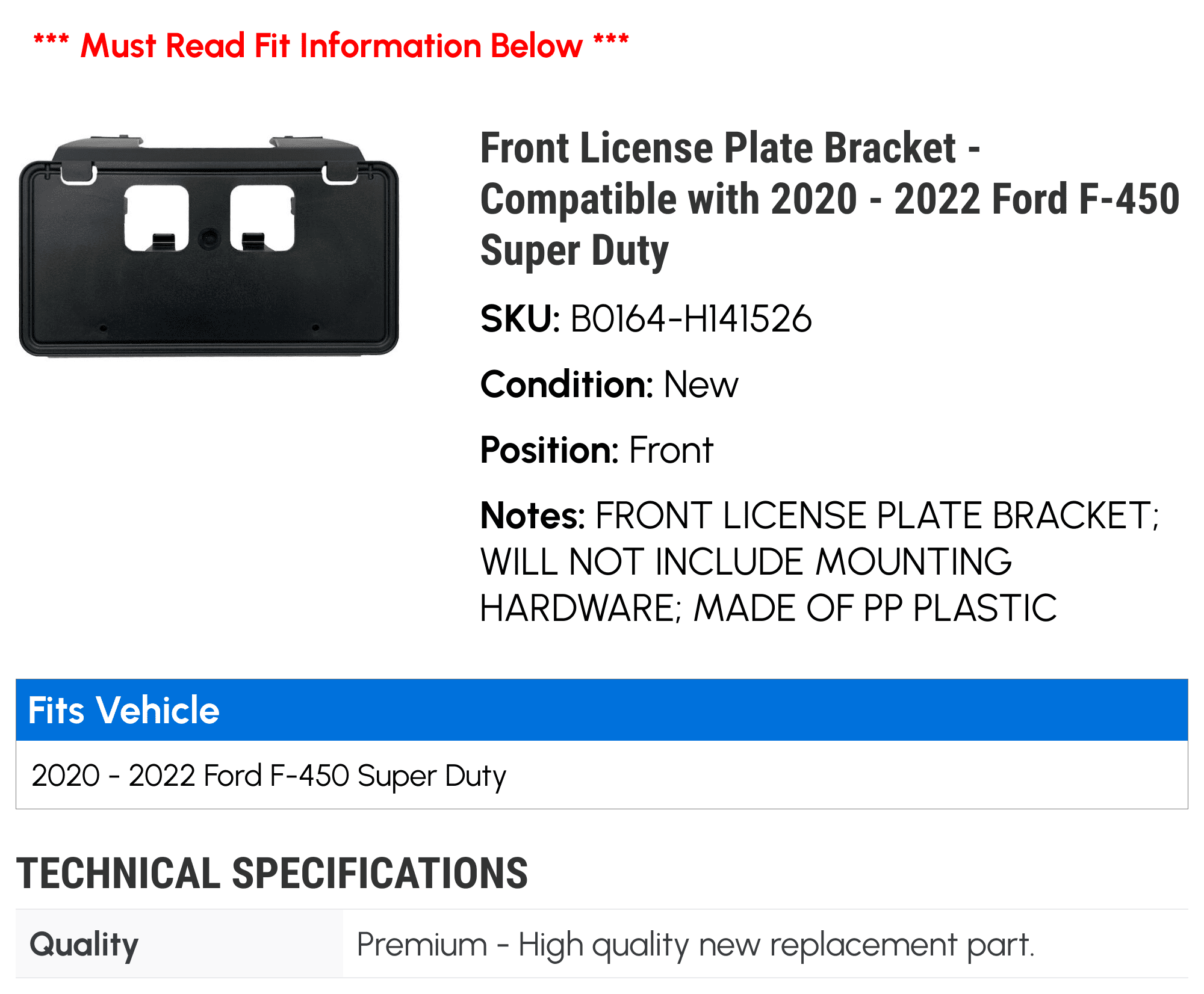 Front License Plate Bracket - Compatible with 2020 - 2022 Ford F-450 Super Duty 2021