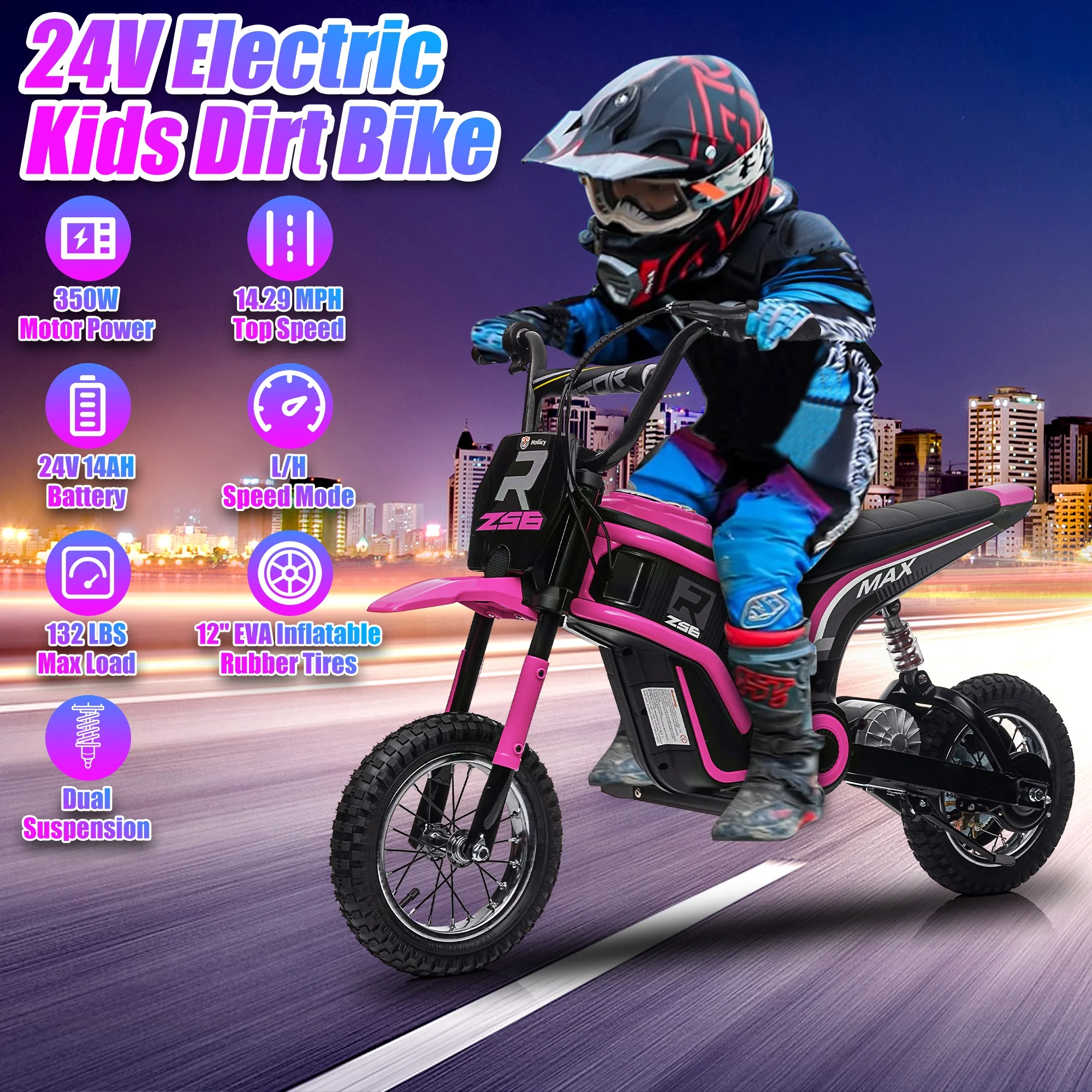 iRerts 24V Ride On Motocross Motorcycle, Kids Electric Dirt Bike for Boys 8-12, Kids Motorcycle with Dual Suspension, MP3 Player, Speeds up to 14.29MPH, Pink