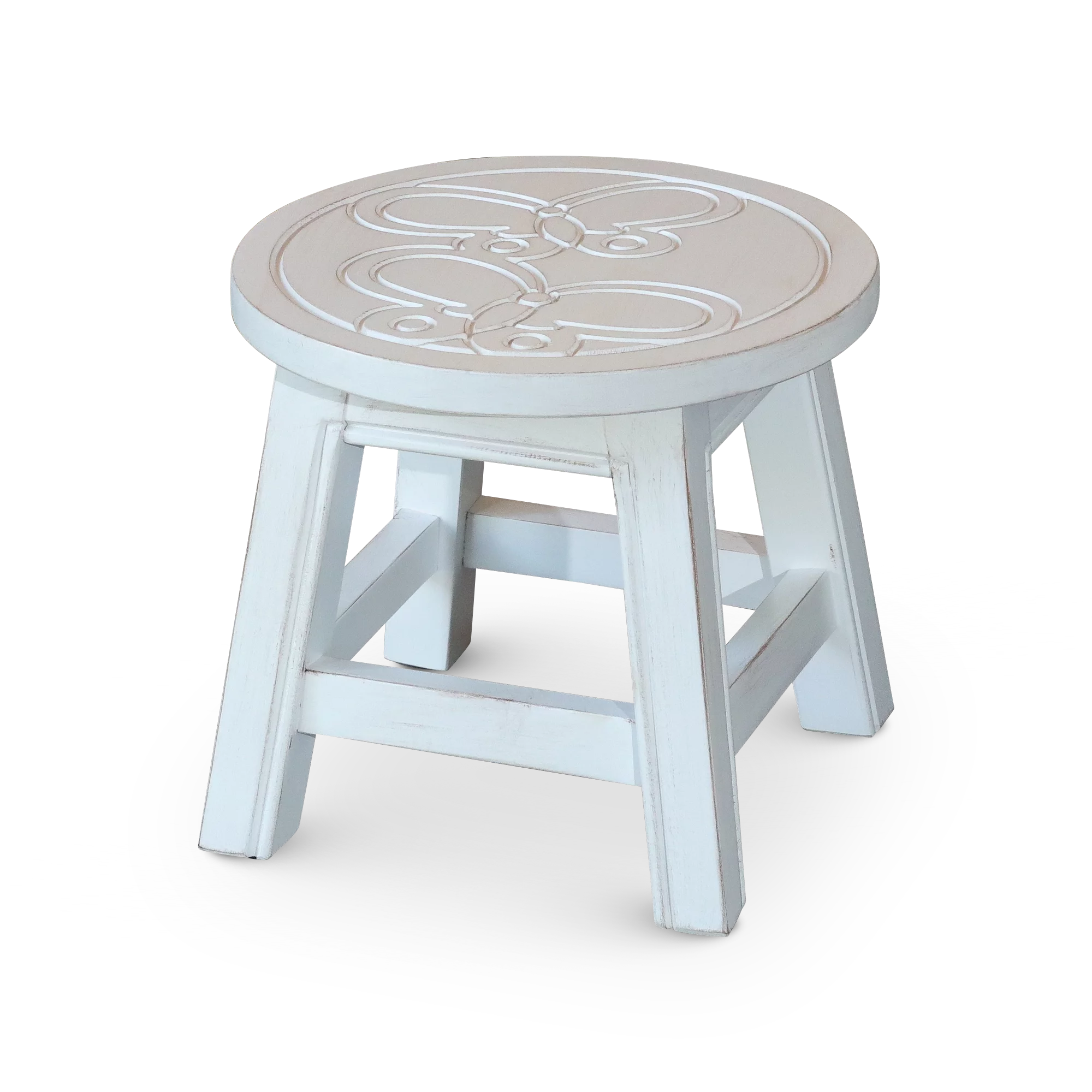 Homiyad Carved Wooden Step Stool, Butterflies, Antique White