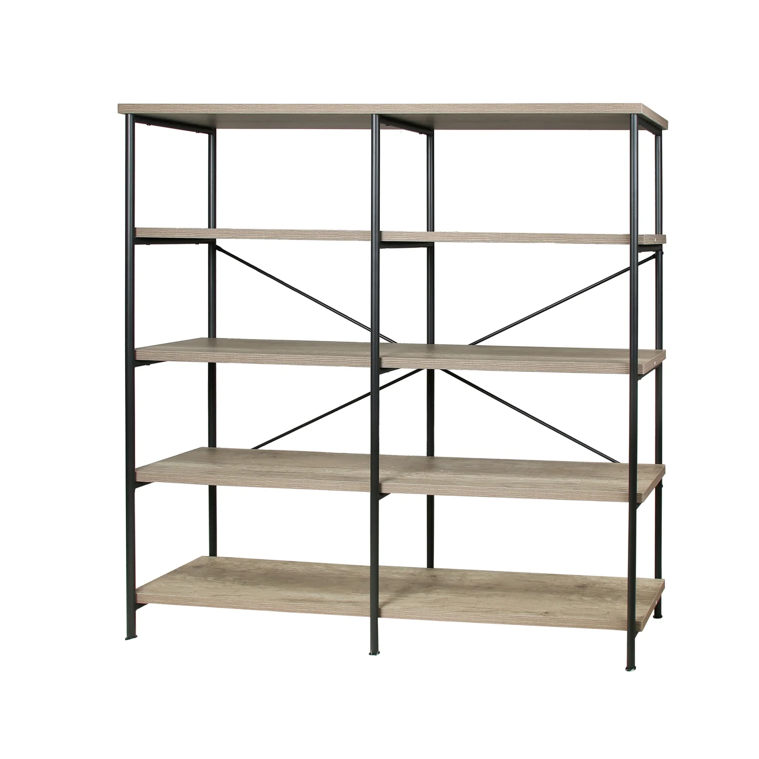 Maykoosh Modern Motifs 63 Inch Industrial 4 Tier Bookshelf, Particleboard, Metal Frame, Gray, Black