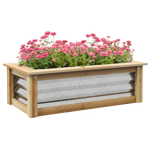 Buumin Outsunny Raised Garden Bed Kit, Outdoor Planter Box, Galvanized Metal Reinforced with Wood, Stock Tank for Growing Flowers, Herbs and Vegetables