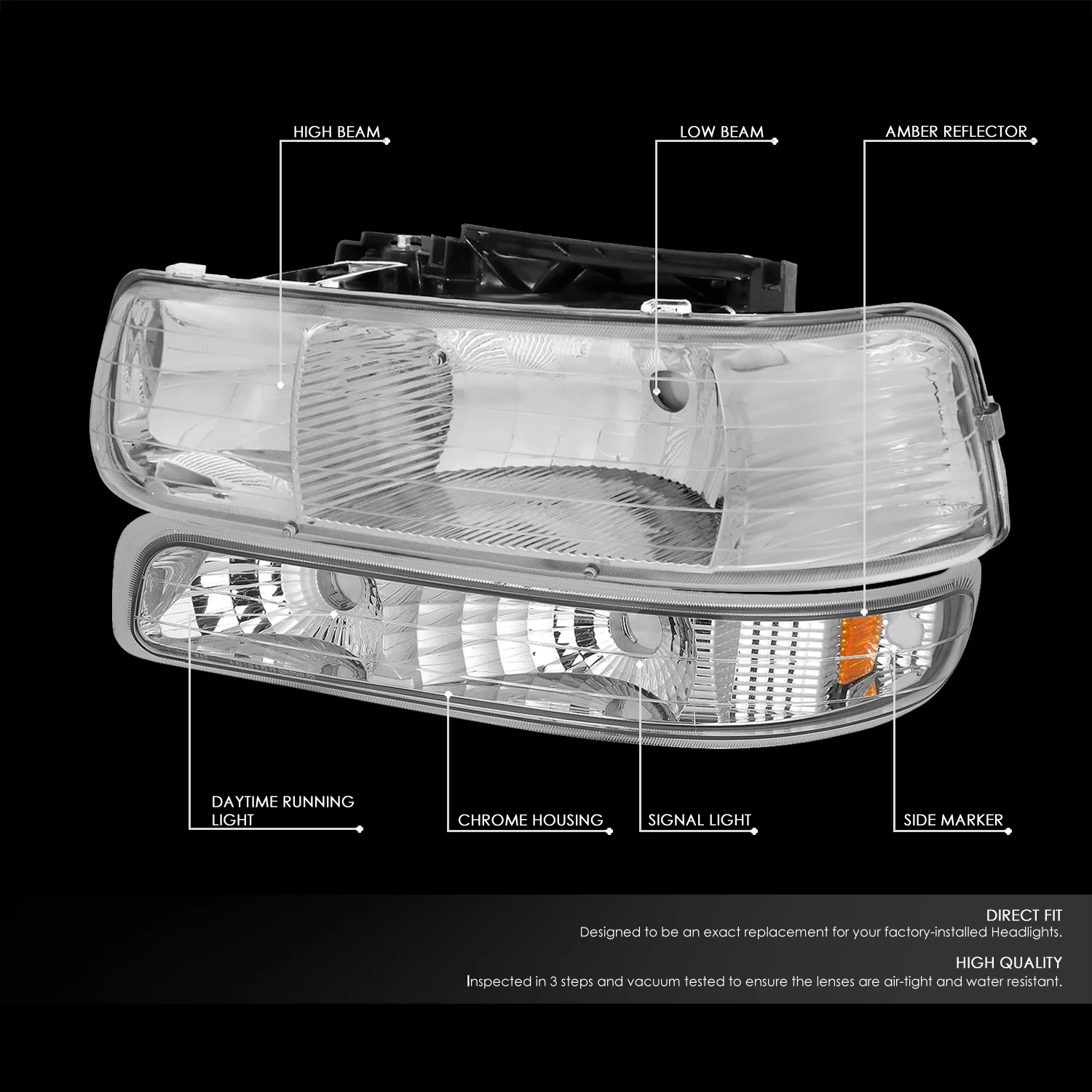 DNA Motoring HL-OH-CS99-4P-CH-AB For 1999 to 2006 Chevy Silverado Tahoe 4Pcs Headlight + Bumper Lamps Chrome Housing Amber Side - GMT800 00 01 02 03 04 05 Left + Right