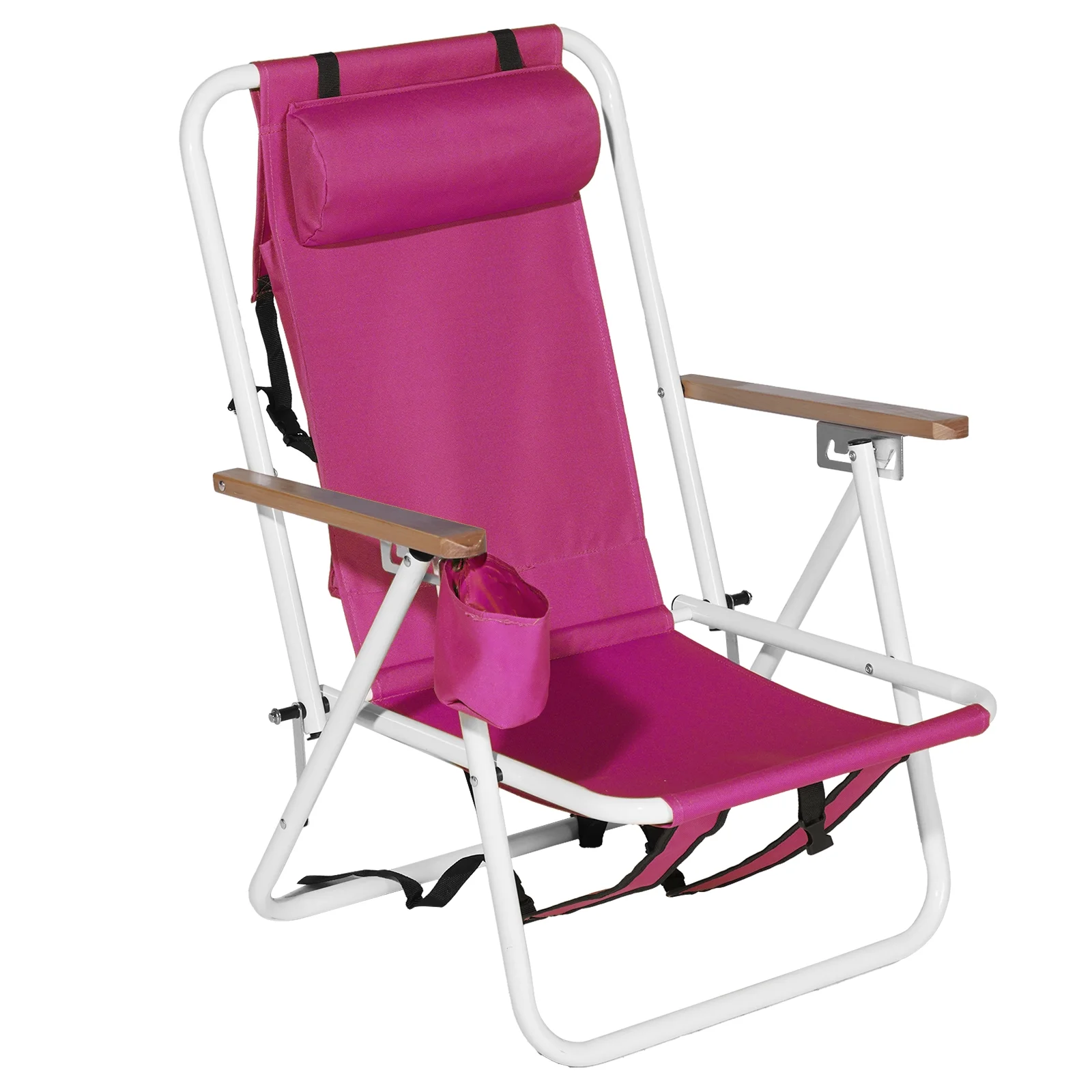 Portable Beach Chair with Cup Holder, Headrest, and Wooden Armrests - Pink, 4-position Foldable Camping Chair ideal for Outdoor Relaxation and Travel