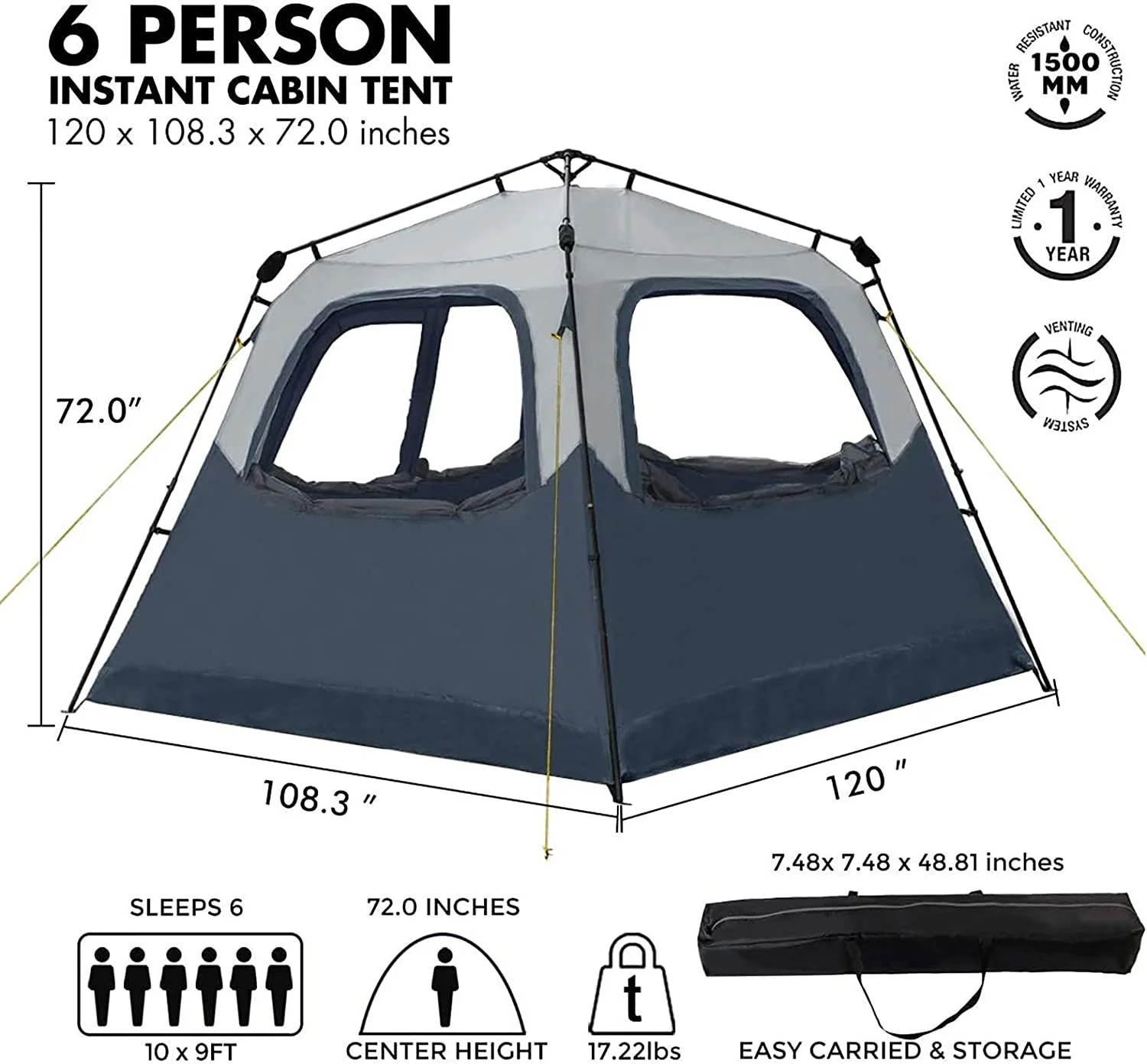 6 Person Instant Family Cabin Tent, Water Resistant, Easy Set Up - Navy/Gray