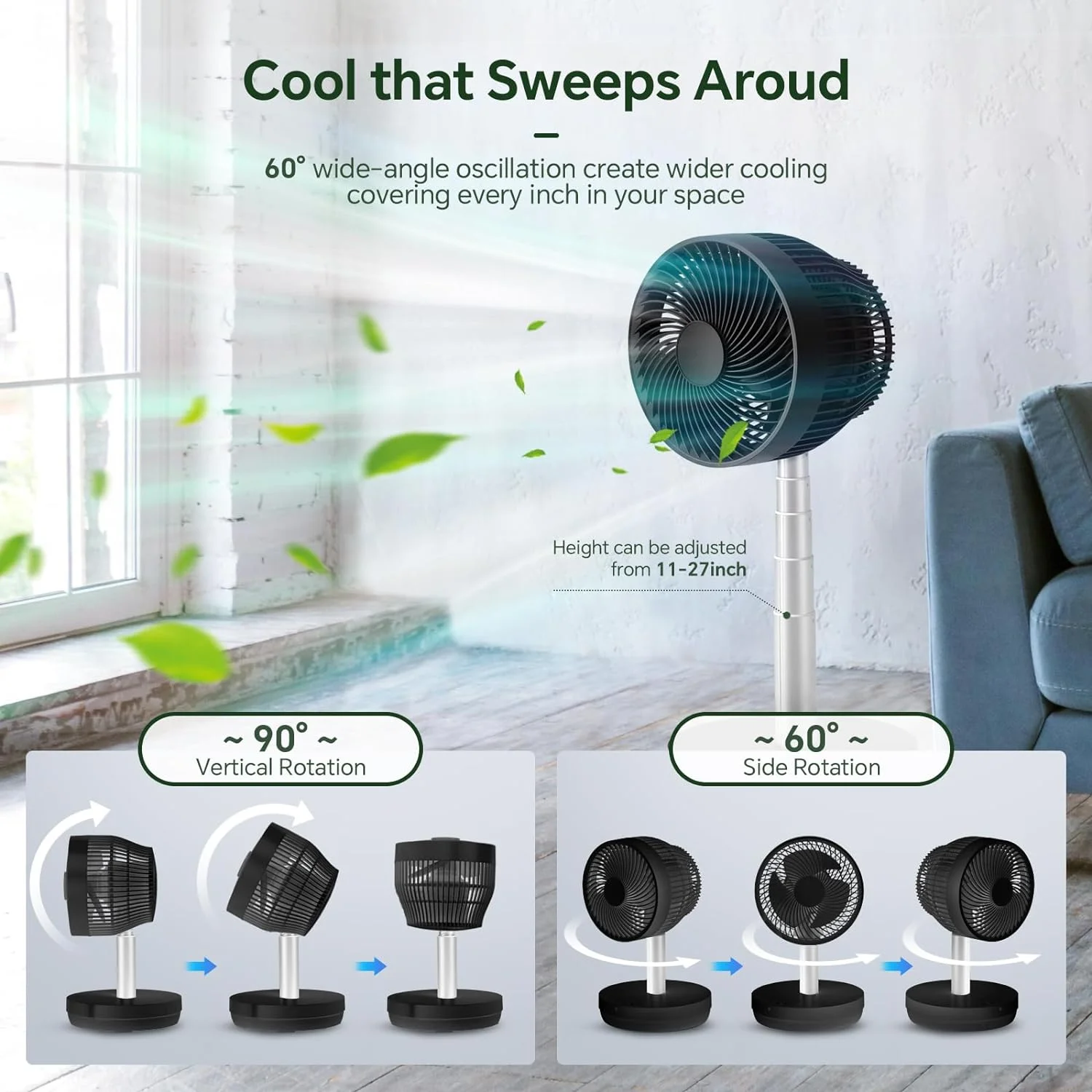 Pedestal Fan Oscillating,2-In-1 Standing Fan With Control,USB Rechargeable,10 Speeds, 7.5H Timer，Quiet Stand Floor Fan For Dorm,Bedroom,Outdoor Use（Black）