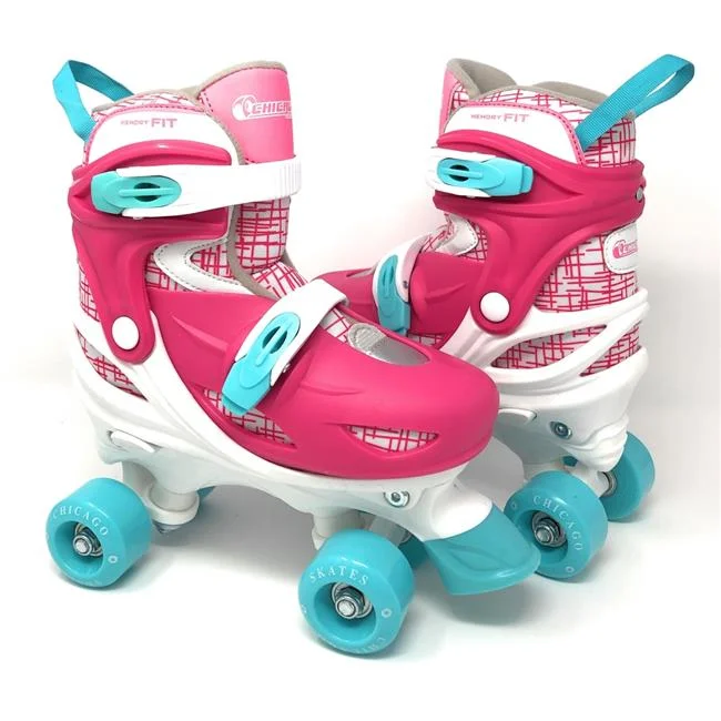 Chicago Skates  Pink & White Small Girls Quad Roller Skates Combo with Protective Gear - Size J10-J13
