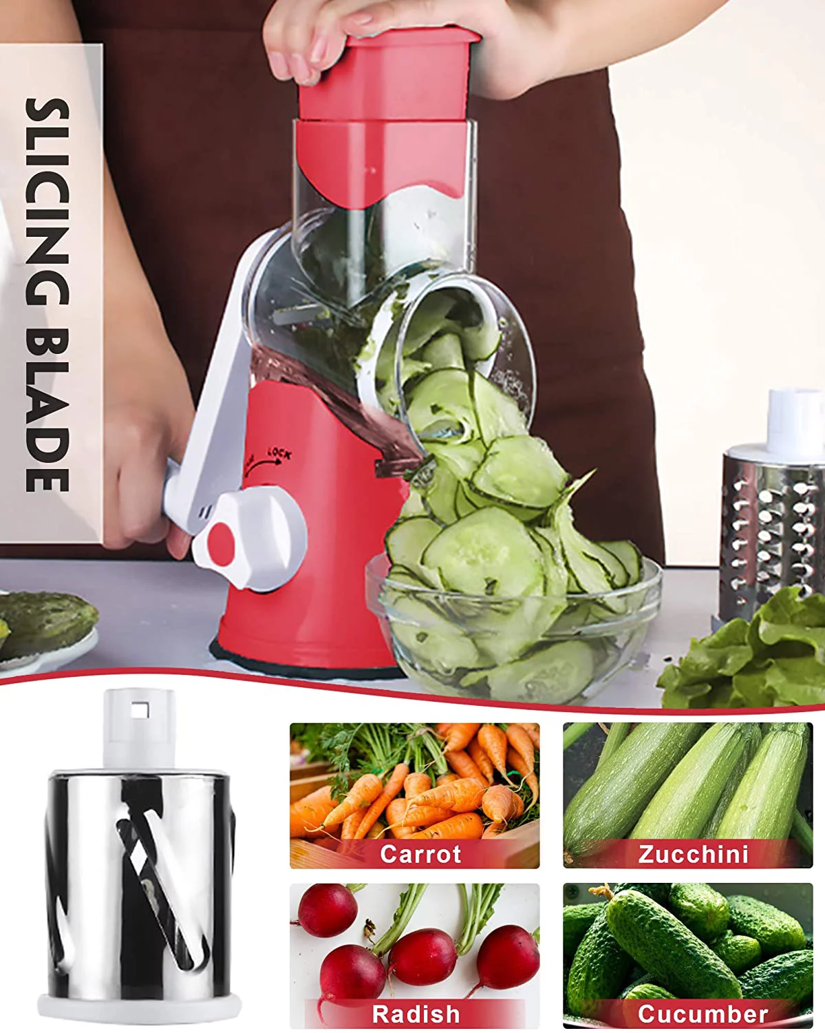 Rotary Cheese Grater with Handle - Manual Vegetable Shredder with 3 Stainless Steel Drum Blades, Round Mandoline Slicer Nuts Grinder with Strong Suction Base, BPA Free Dishwasher Safe (Red)