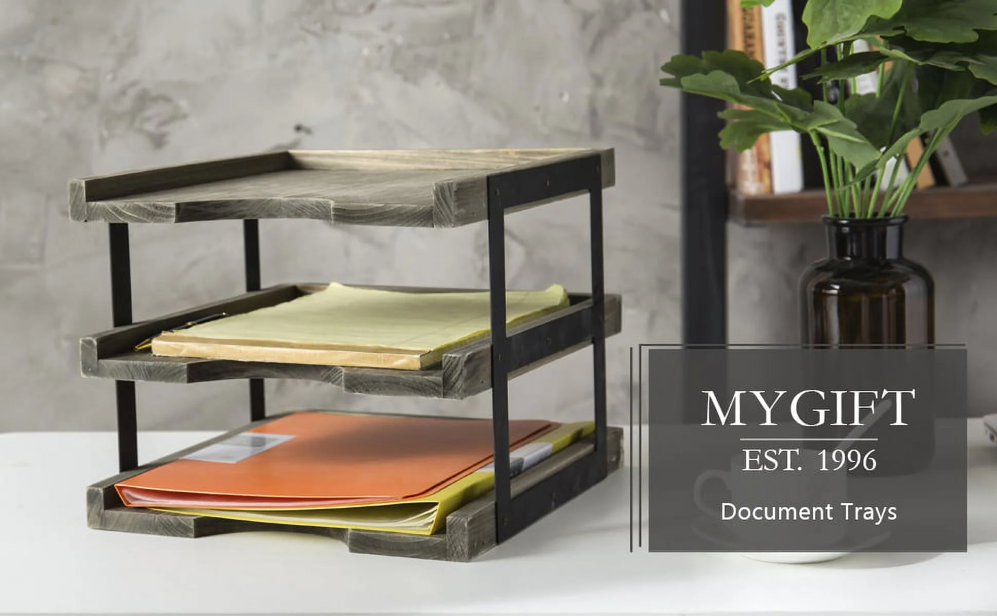 MyGift 3-Tier Brown Wood Document Organizer Tray w/Rustic Black Metal Deco
