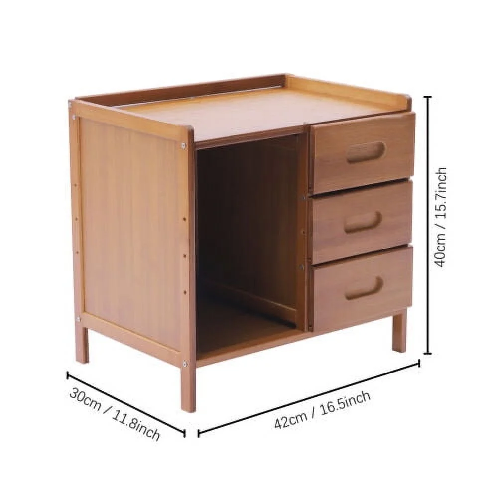 Bamboo Nightstand with 3 Drawers+Cabinet Large Capacity Bedside Table 42*30*40cm