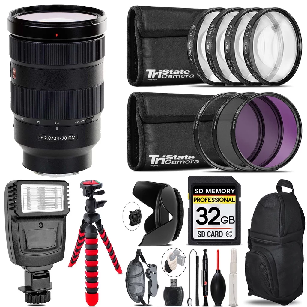 Sony FE 24-70mm f/2.8 GM Lens + Flash +  Tripod & More - 32GB Accessory Kit