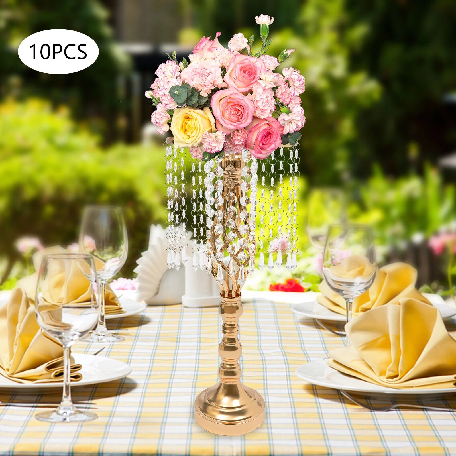 Miumaeov 10Pcs Table Decorative Vases with Acrylic Crystal Chains 19.3in Tall Centerpieces Tabletop Decor Flower Vases for Wedding Party Dinner Event Photography Gold